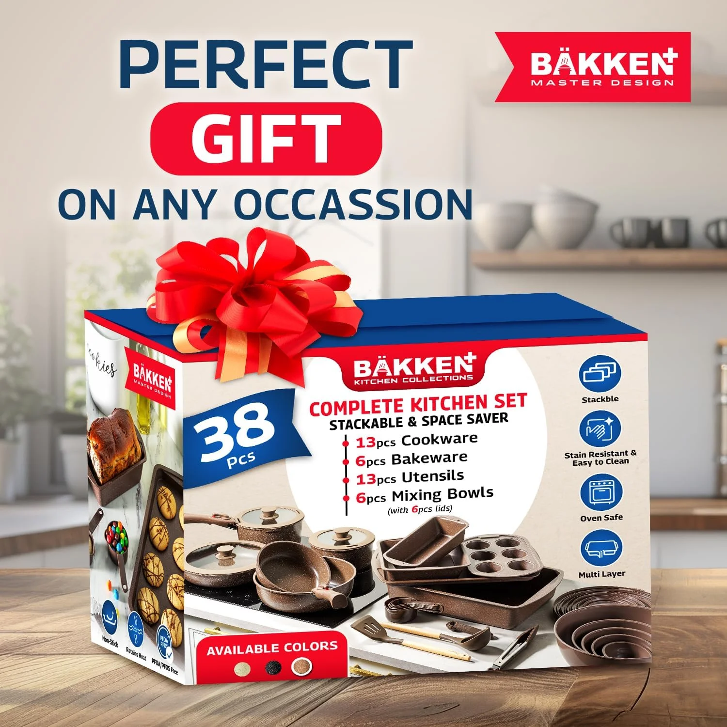Bakken Master 38 Piece Granite Cookware and Bakeware Set �C Nonstick Granite Coating, Pots and Pans with Detachable Handles and Tempered Glass Lids, 6-piece Bakeware set, 12-piece Mixing Bowls,Brown
