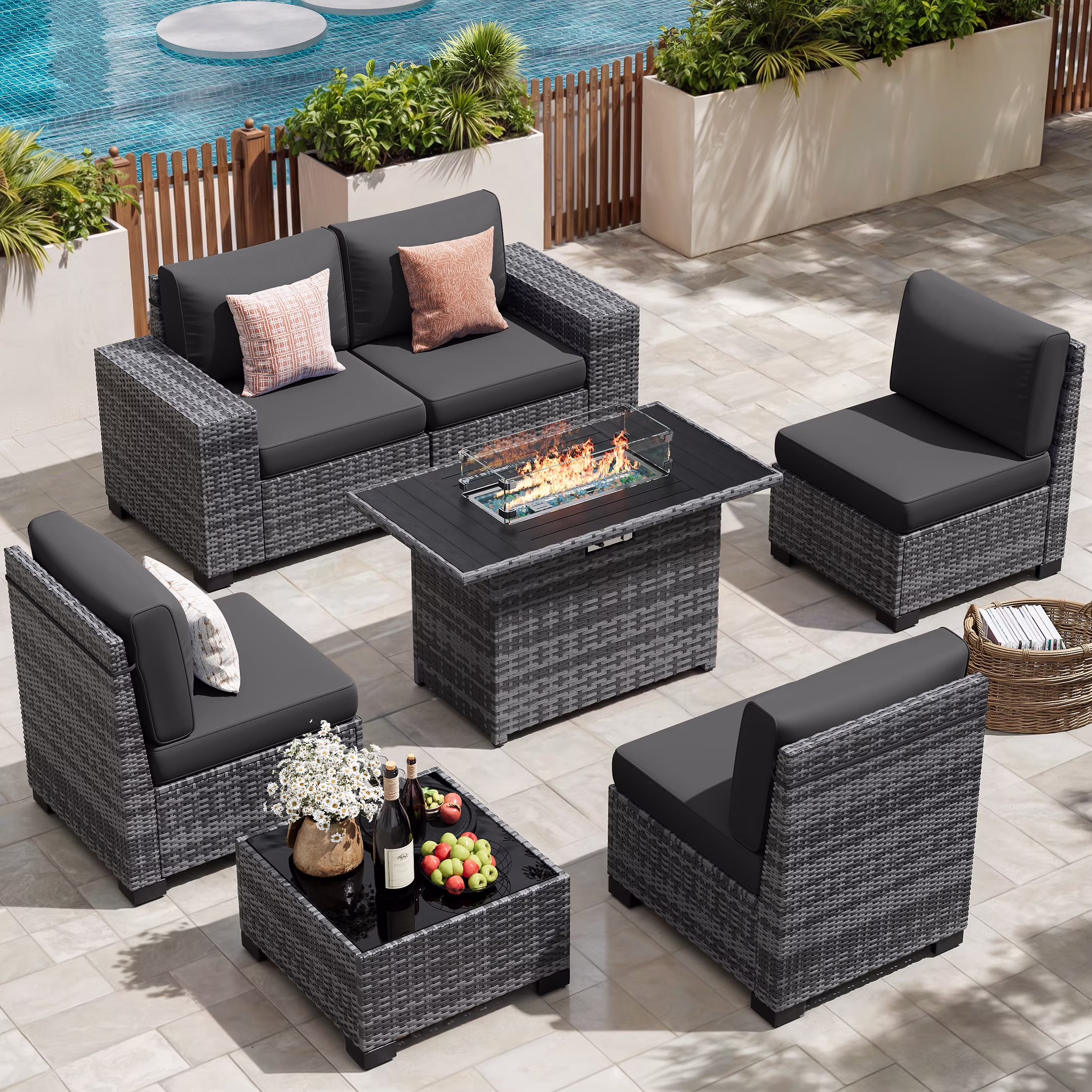 Poteban Patio Furniture Set 6 PCS Outdoor Sectional Conversation Sets Featuring Widen Wicker Armrests and High Back, Black (Waterproof Covers Included)