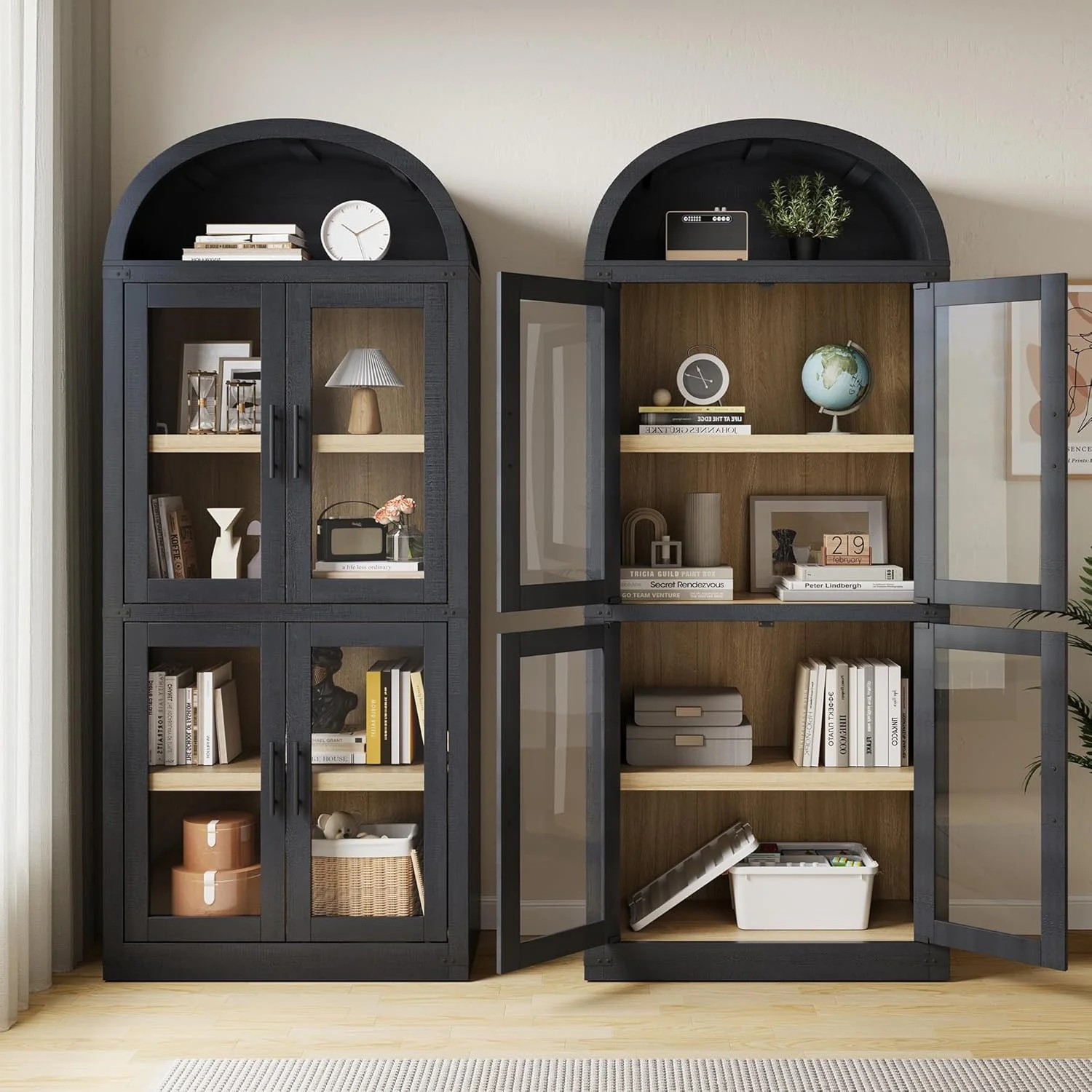 Arched Bookshelf with Glass Doors 71 Point Four Inches Tall Rustic Premium Wood Display Cabinet Glass Door Black