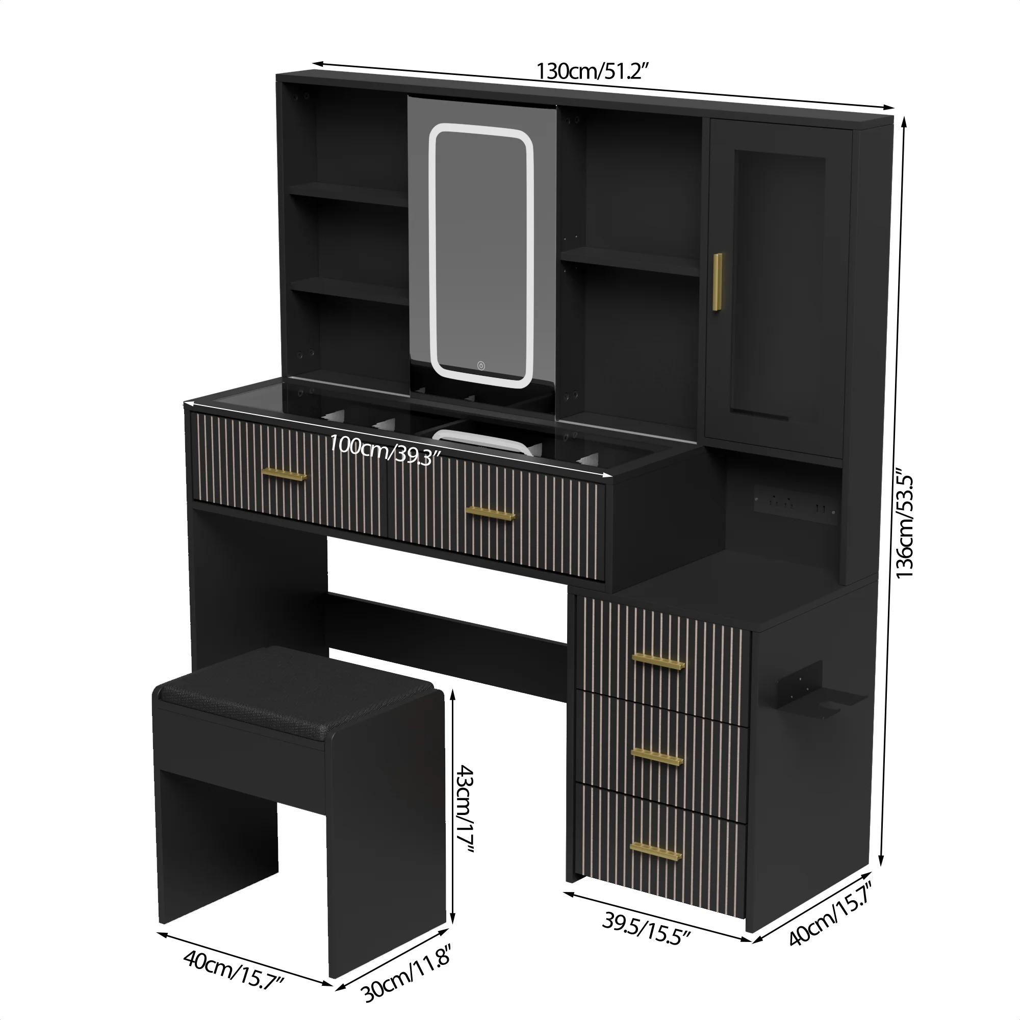 Diubas Large Vanity Desk with Mirror, Makeup Vanity Table with 5 Drawers, LED Lights & Power Outlet