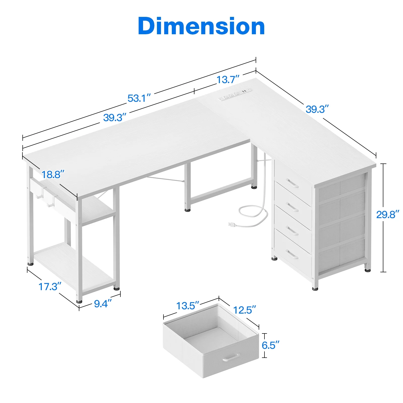Reversible Modern Simple Style L Shaped Desk with Charging Station and Drawers, Pure Black