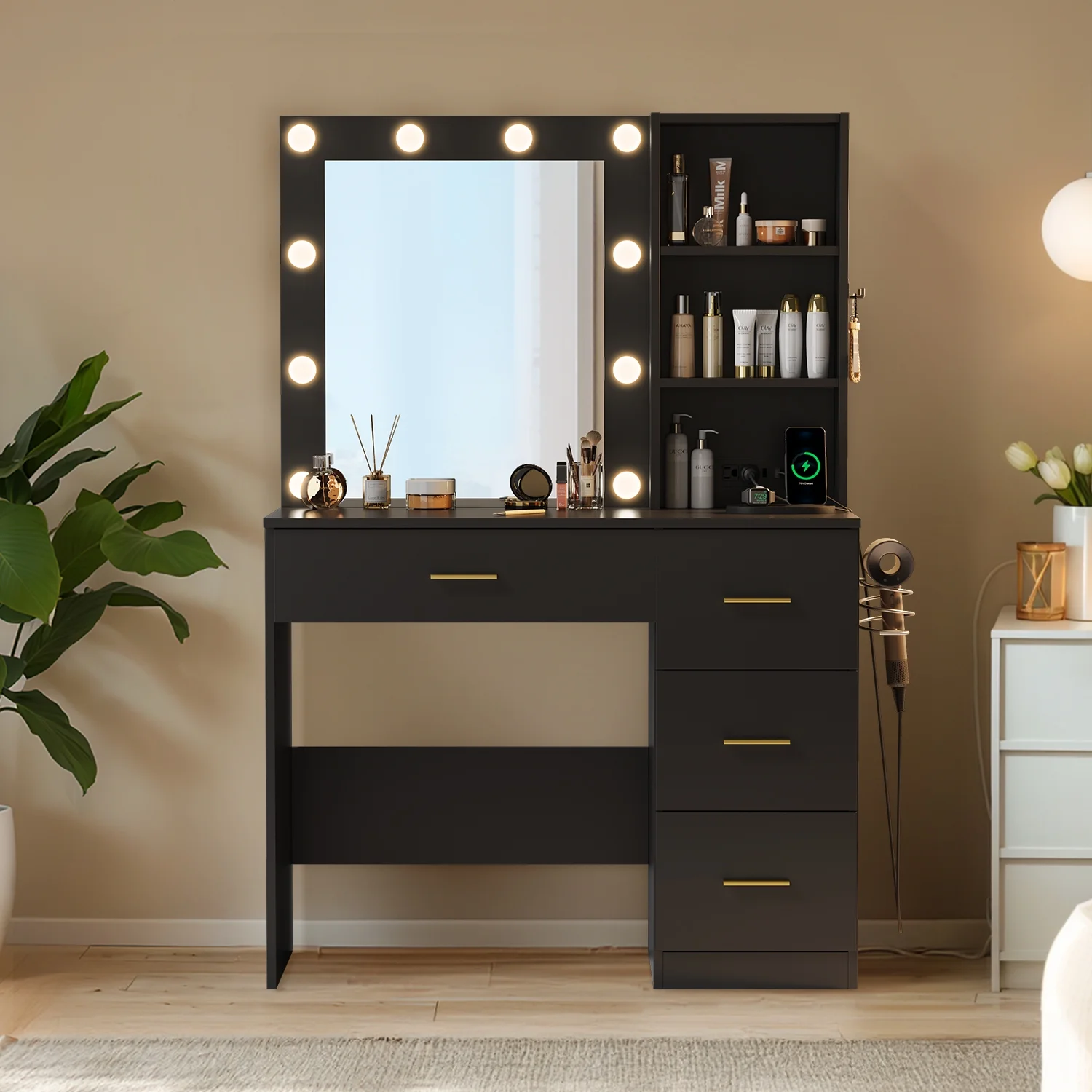 Cottinch Vanity Desk 3 Color Lighted Mirror,Makeup Dressing Table with 4 Drawers and Storage Shelves,2 Outlets,2 USB Ports,White
