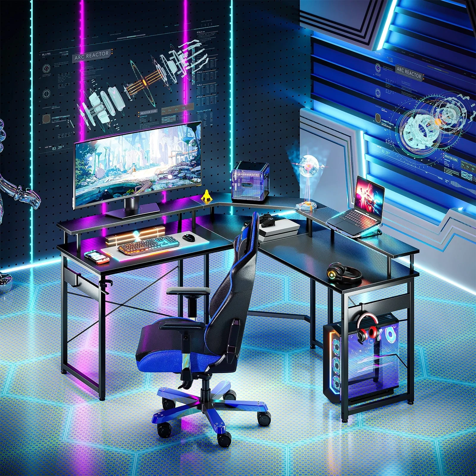 51 inch Computer Desk L Shaped with Led Lights & Power Outlets, Full-Sized Monitor Shelf, Corner Carbon Fiber Texture, Gaming Table with Hooks, Black Carbon Fiber