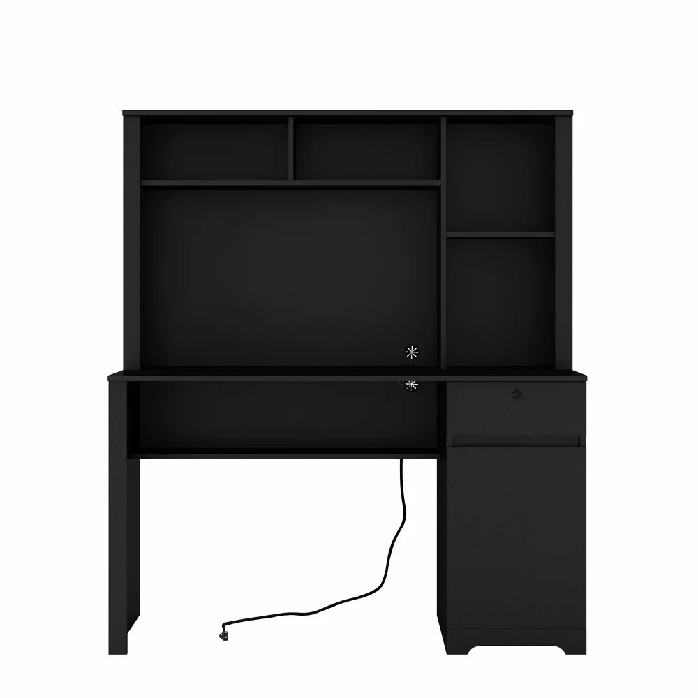 Tcbosik Modern Computer Desk with Charging Station and USB Night Light, Home Office Table with Hutch and Open Shelf, Gaming Workstation with Drawer and Cabinet for Living Room, Study Room, Black