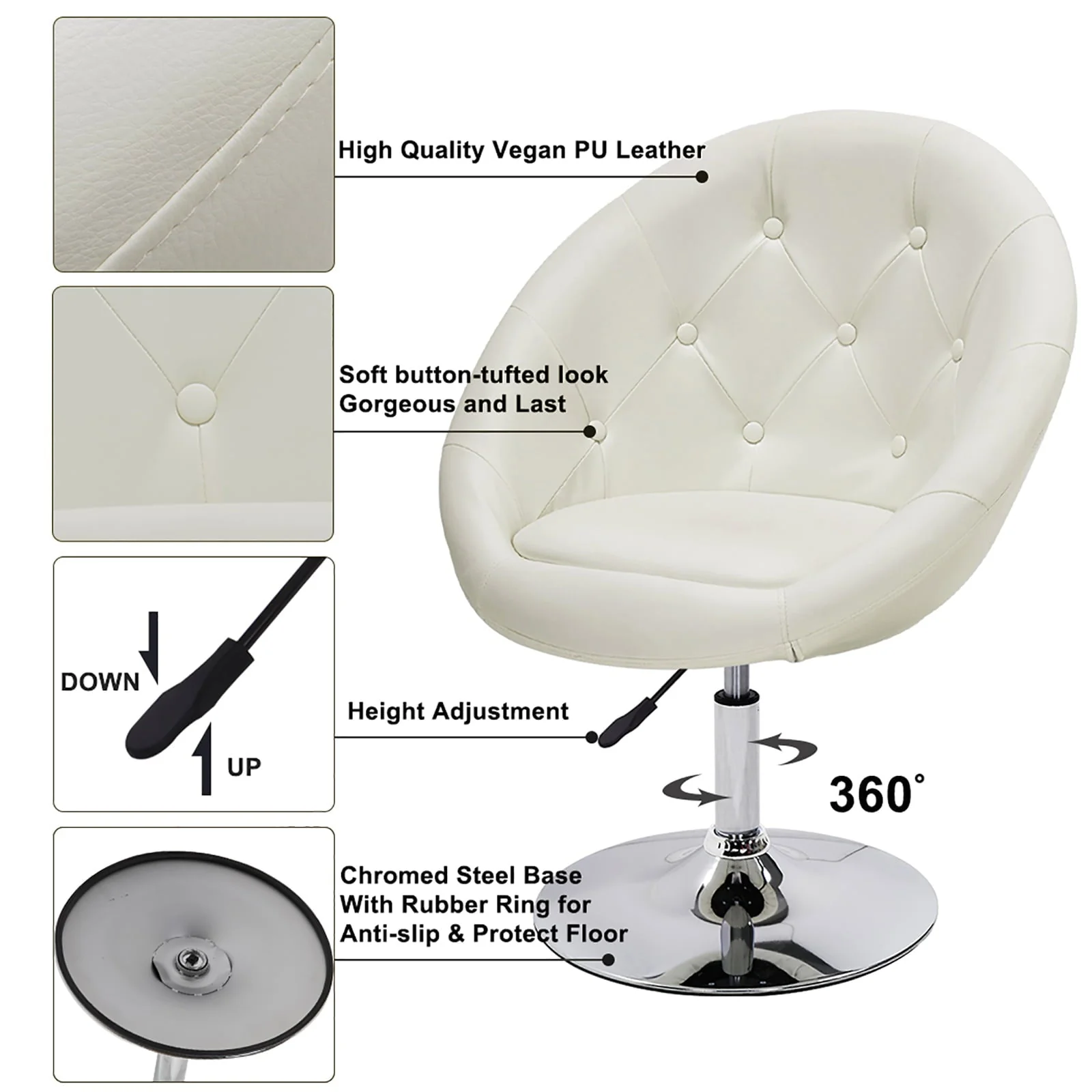 Duhome Modern Vanity Make-up Accent Chair PU Leather Desk Chair Round Swivel Tufted Adjustable Lounge Chair for Bedroom White