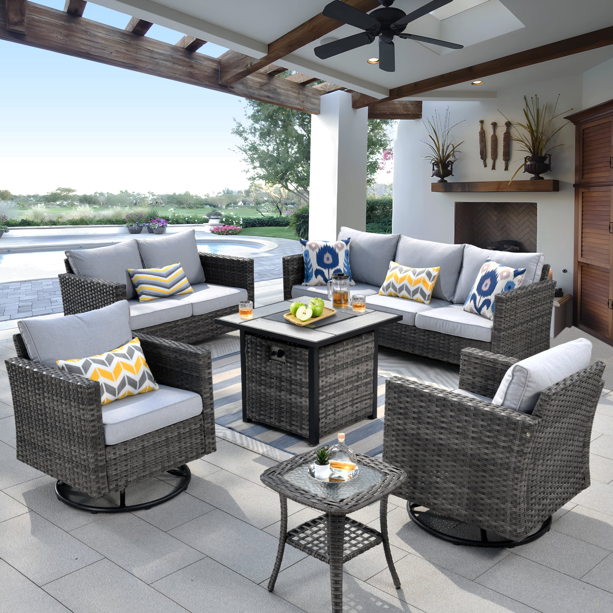 Ovios 6 Pieces Outdoor Patio Furniture Set with Gas Propane Fire Pit Table Wicker Outdoor Conversation Set with Swivel Rocking Chair for Backyard, Cushion Beige
