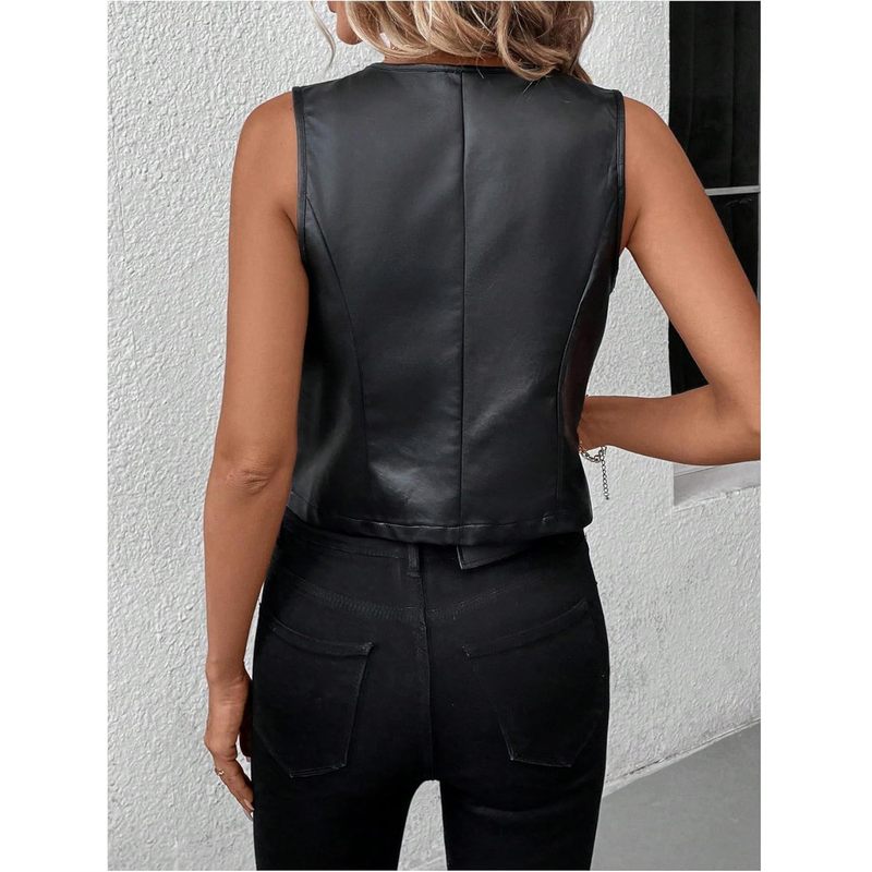 Women's PU Leather Button Down V Neck Sleeveless Jacket Vest Waistcoat