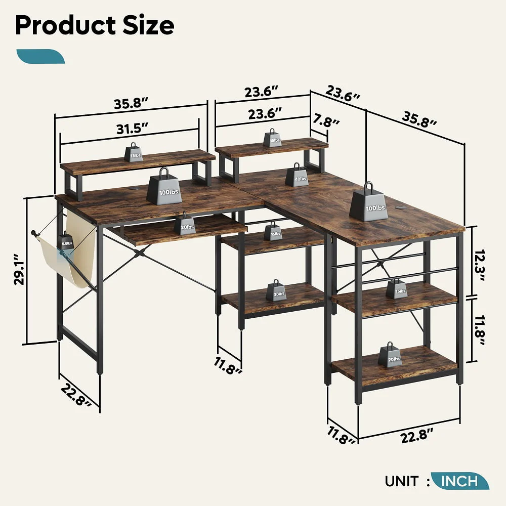 Bestier 95.2 inch L Shaped Gaming Desk with Monitor Stand & Keyboard Tray for Home Office in Rustic