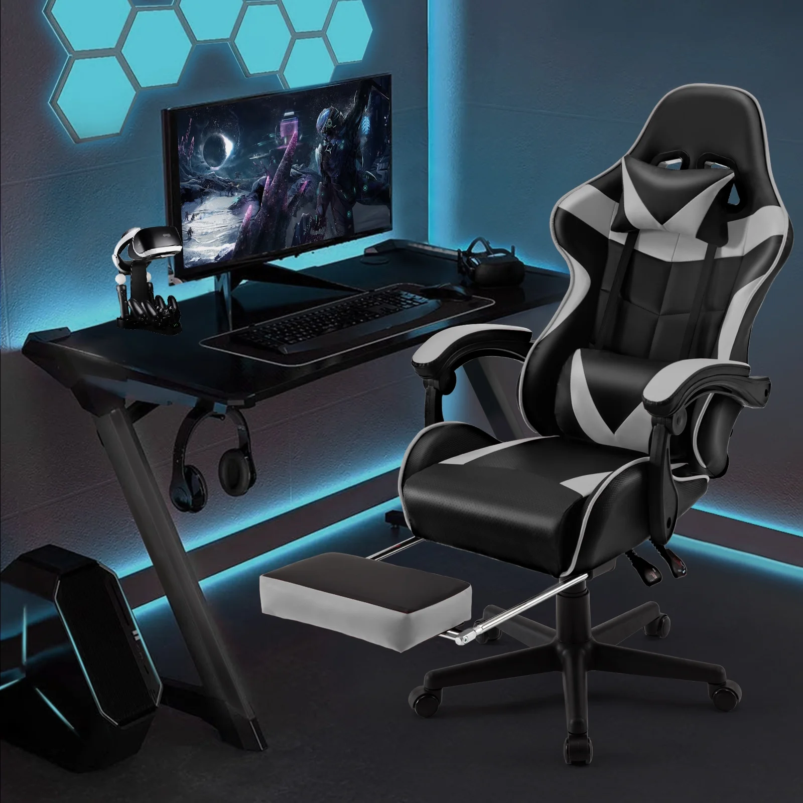 SOONTRANS Green Gaming Chair with Footrest, High Back Gamer Chair with Massage Lumbar Pillow, Gamer Computer Desk Chair (Green)