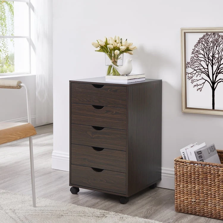 5 Drawer Dresser, Tall Dressers for Bedroom, Kids Dresser with Wheels, Storage Shelves with Drawers, Small Dresser for Closet, Makeup Dresser with 180 lbs Capacity - Black