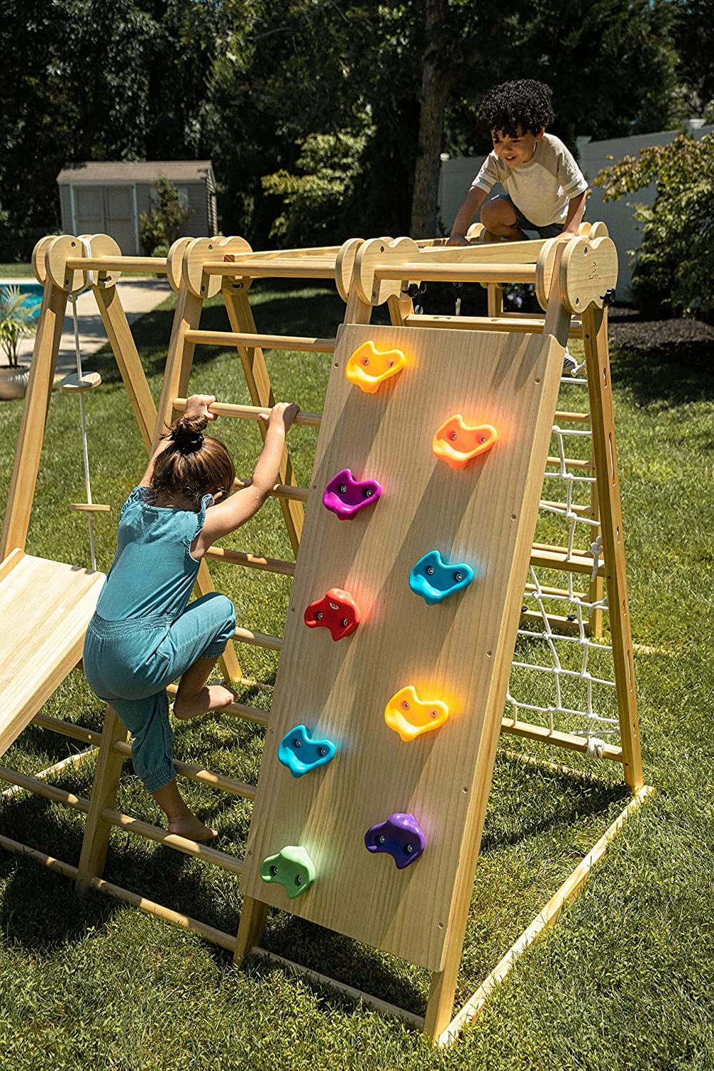 Avenlur Chestnut - The Ultimate Indoor 7-in-1 Playset and Foldable Jungle Gym for Kids Aged 2-8 with Slide, Rock Climb Wall, Climbing Ladder, Rope Net, Monkey Bars, Swing, and Ninja Ring - USA Company