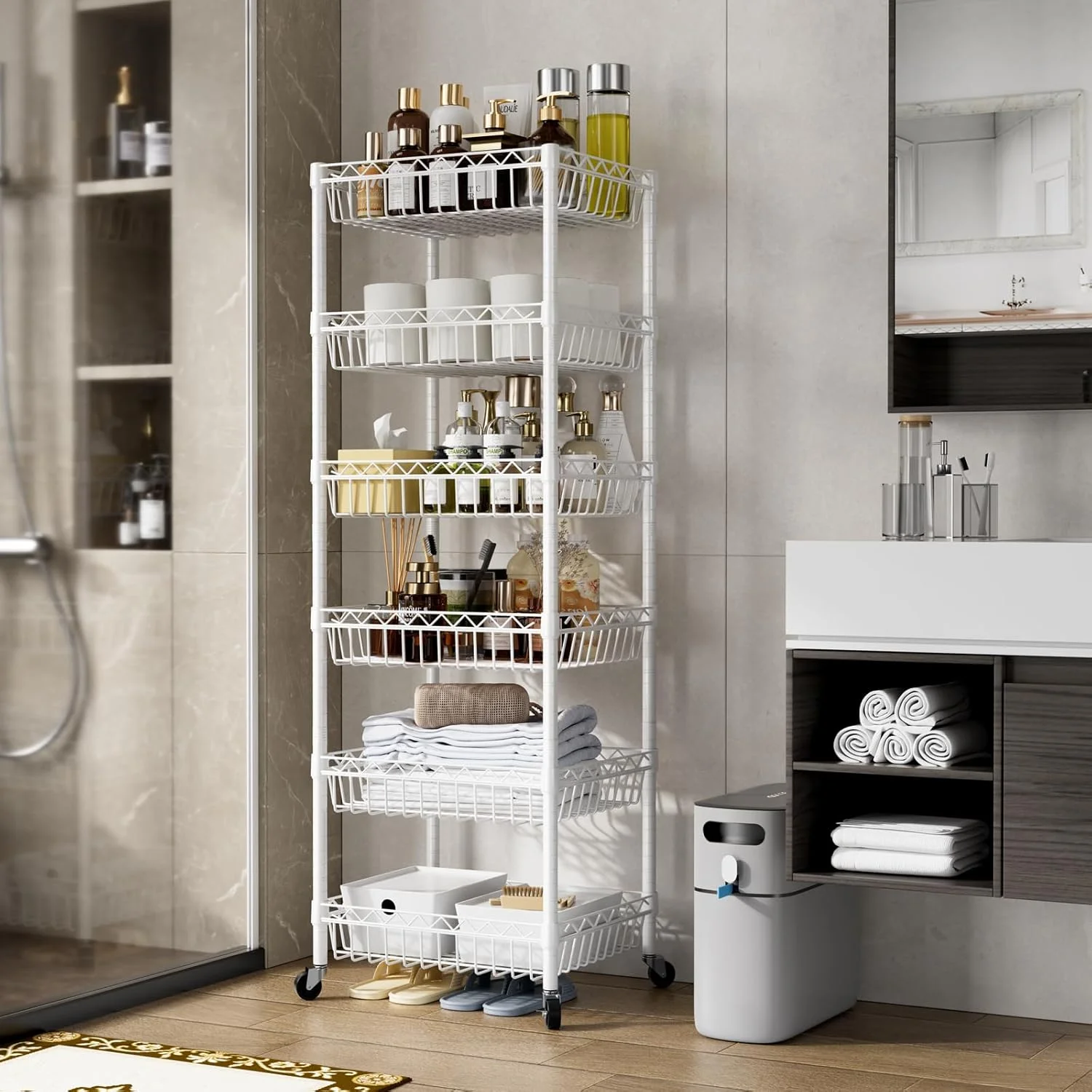 6 Tier Wire Shelving Unit with Wheels Baskets Storage Rack Corner Shelves Adjustable Shelf Closet Bathroom Organizers Metal Pantry Kitchen Garage Laundry Room 13.5