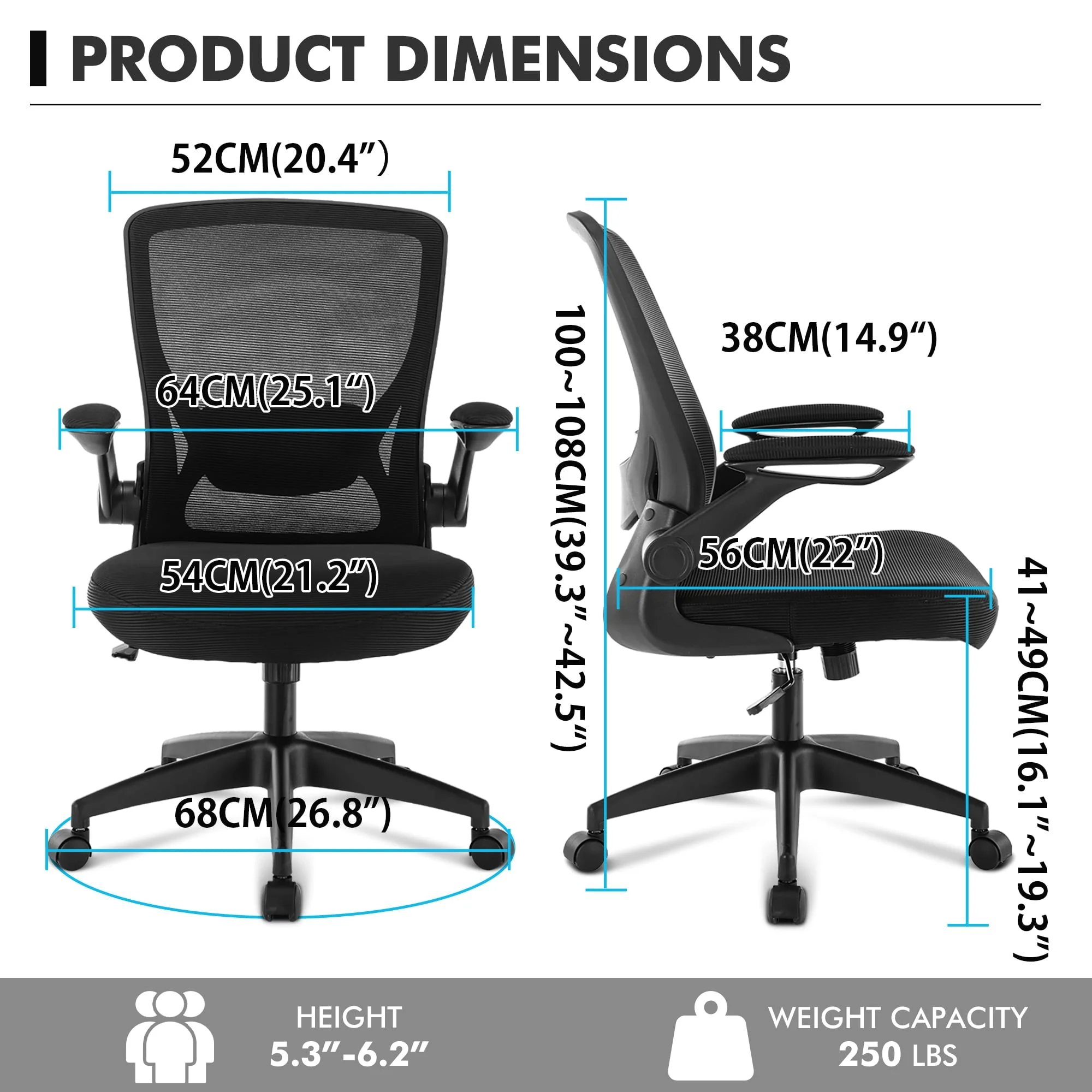 Coolhut Ergonomic Office Chair, Lumbar Support Ergonomic Mesh Desk Chair with Flip-up Arms (Black)