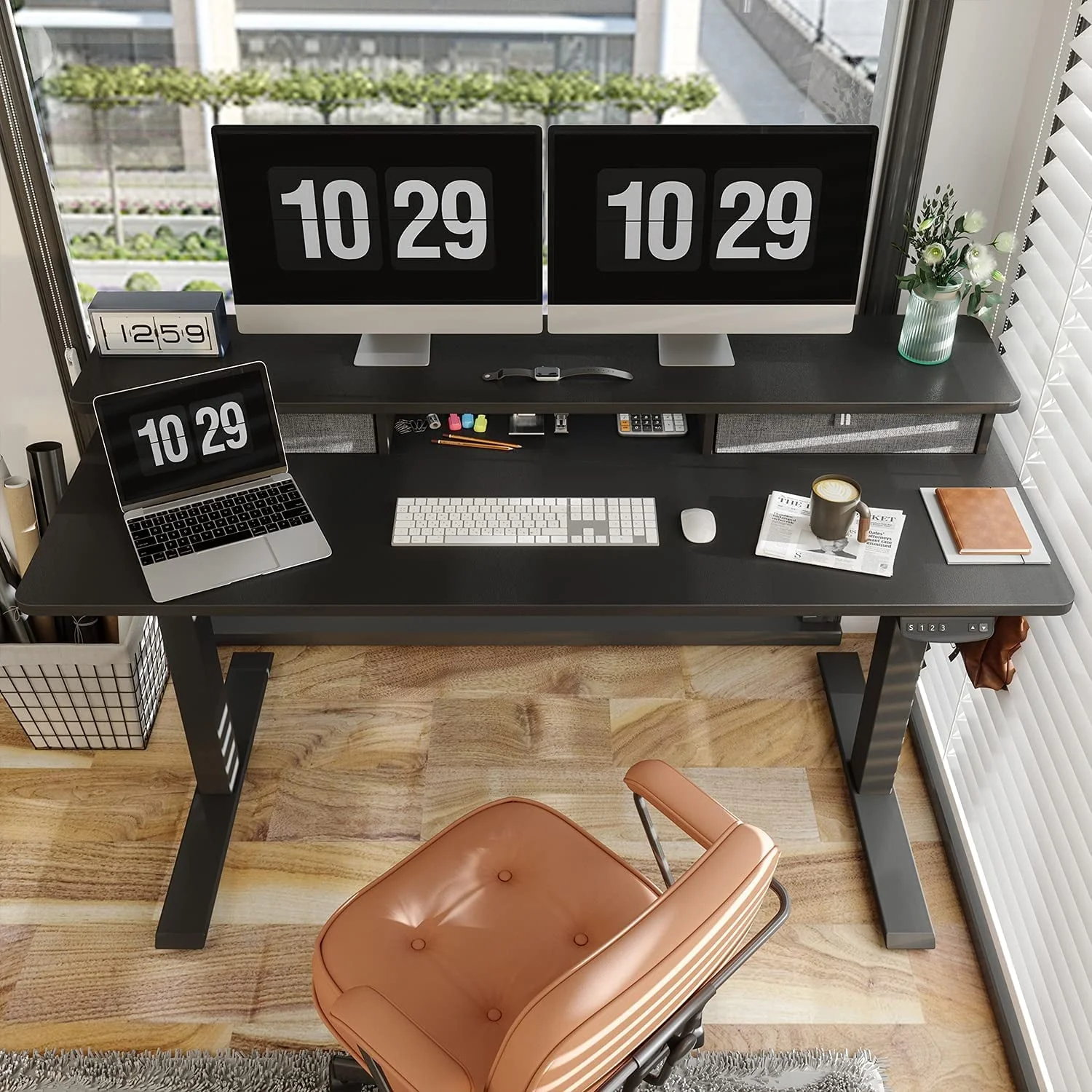 Fezibo Height Adjustable Electric Standing Desk with Drawers and Storage Shelf, Sit Stand Desk with Splice Board, Black Finish, 55