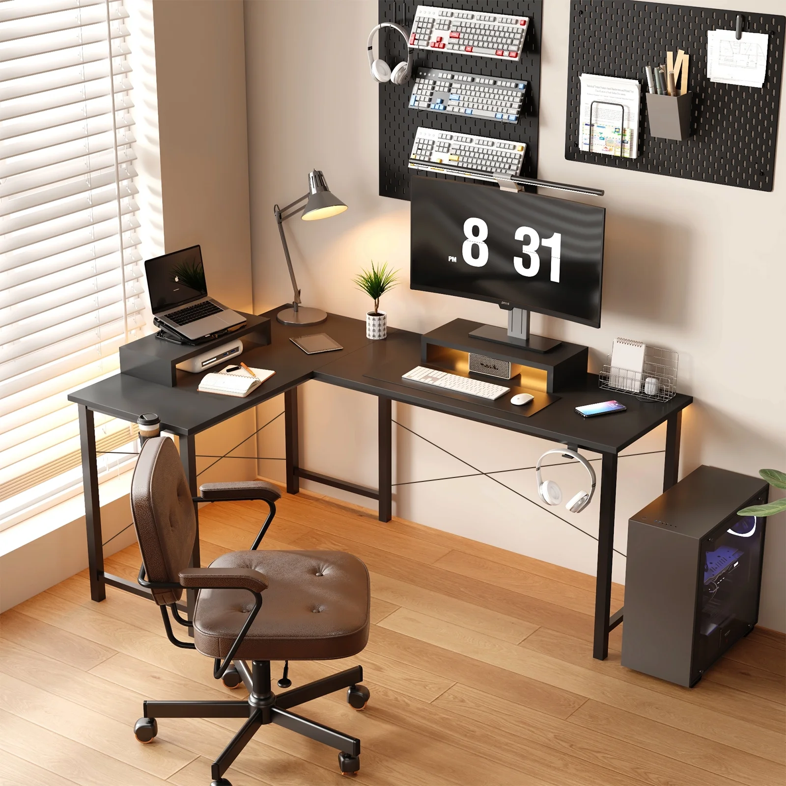 GTRACING L-Shaped Gaming Desk with RGB Light and Removable Storage Stands, Black