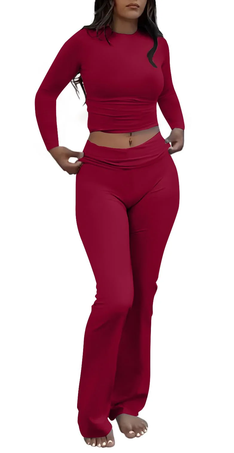AYWA Women's 2 Piece Outfits Foldover Flare Pants Long Sleeve Crew Neck T-shirt Fitted Pajama Sets (Bric, Medium)
