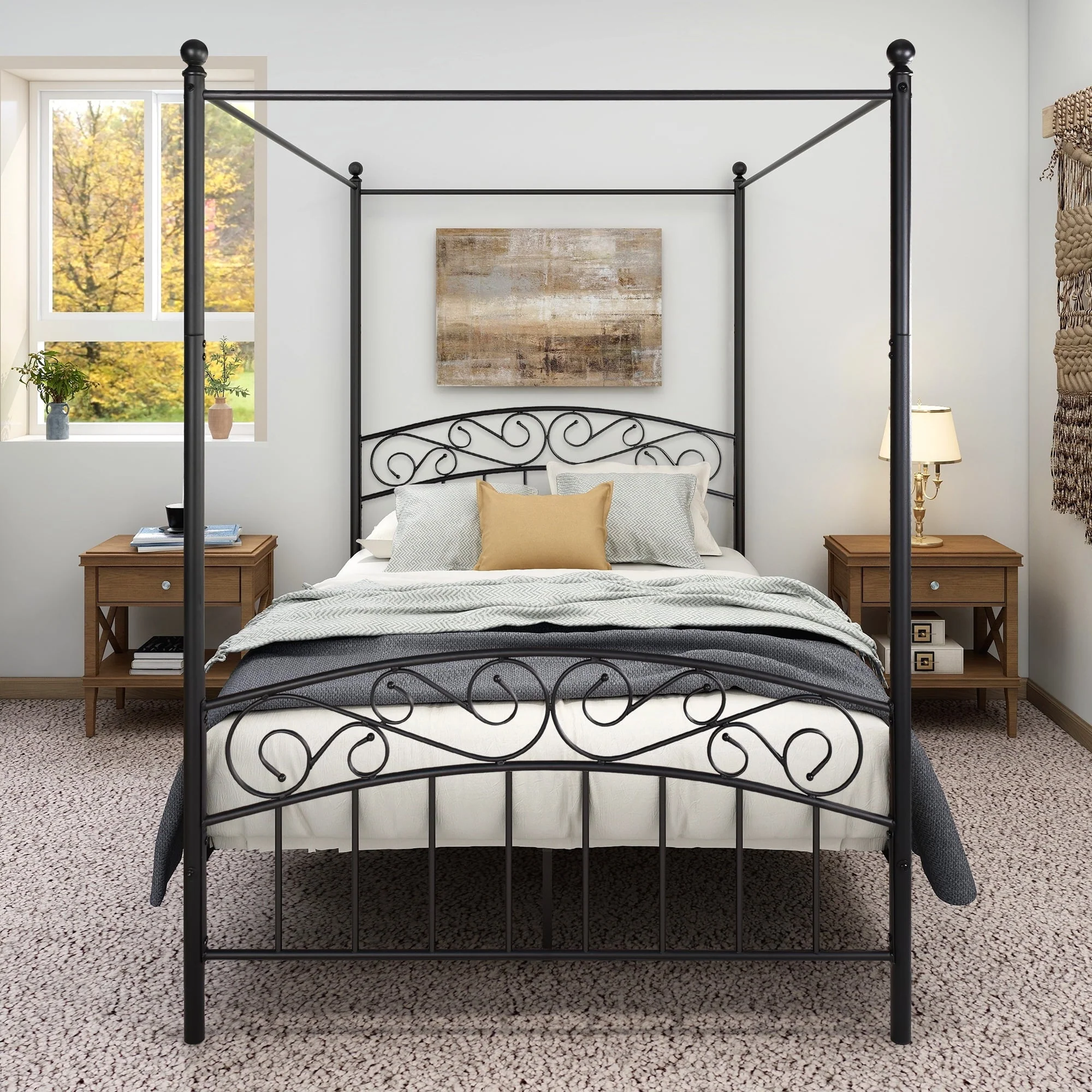 BTMWAY Full Metal Canopy Platform Bed, Heavy Duty Full Bed Frame with Ornate European Style Headboard and Footboard, No Box Spring Needed, Modern Canopy Bed Frame for Teens Adults, Black