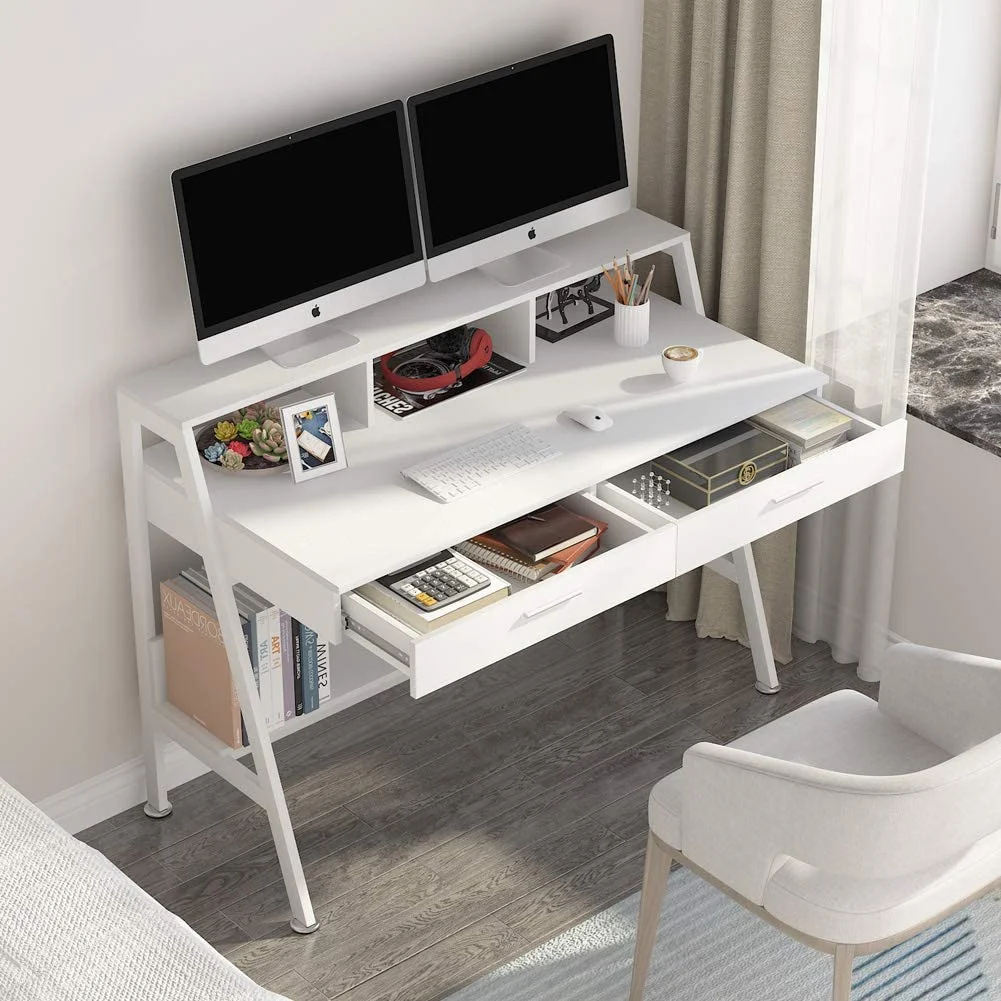 Tribesigns 47 inch Computer Desk, Modern Office Writing Desk with Storage Shelf & Drawers for Home Office, White