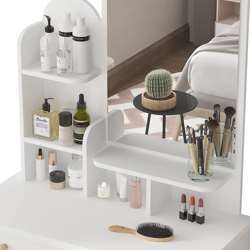 MONSLIPA Makeup Vanity Desk Set w/ Light, Sturdy Dressing Vanity Table with Bench, Shelves & Drawers