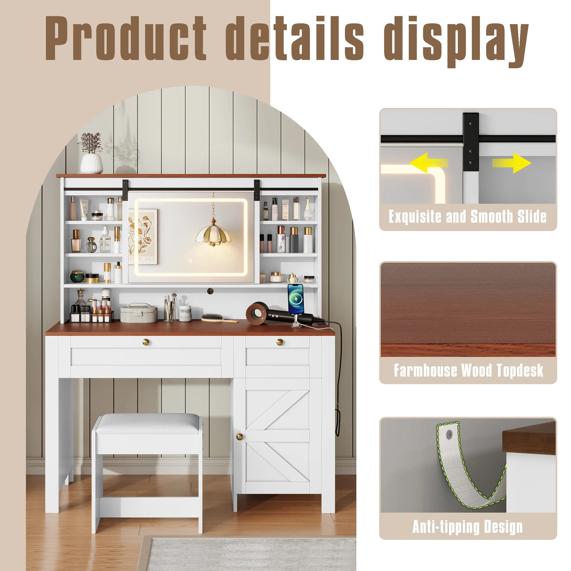 PAPROOS Vanity Set with Sliding Mirror and Lights, Large Farmhouse Makeup Desk with Charging Station, Dressing Table with 2 Drawers and Storage Cabinet, Upholstered Stool, White