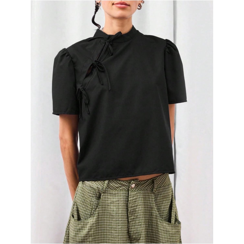 Women's Y2K Cheongsam Blouse Short Puff Sleeve Slim