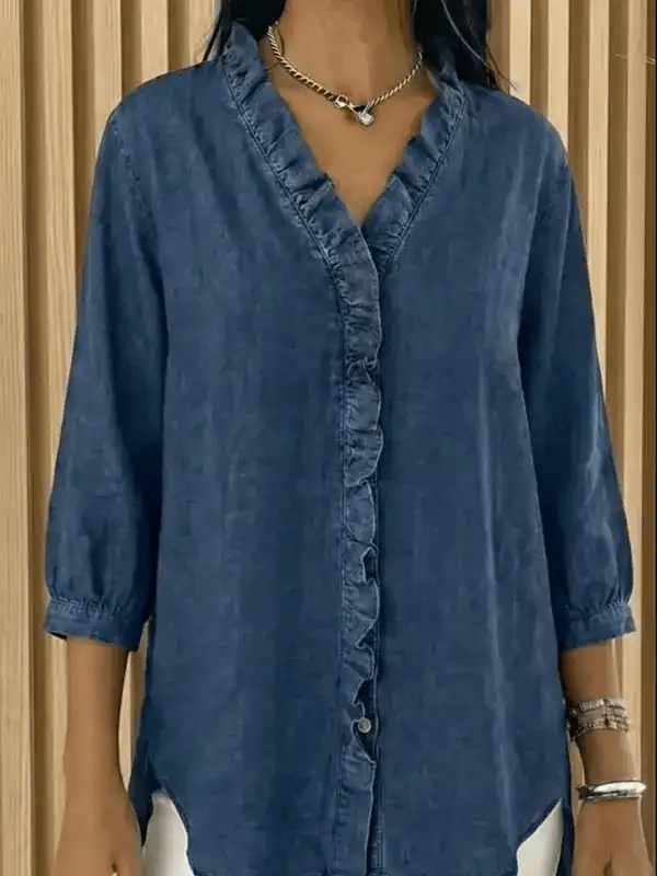 🔥Hot Sale🔥Women's Casual Denim V-Neck Ruffled Shirt