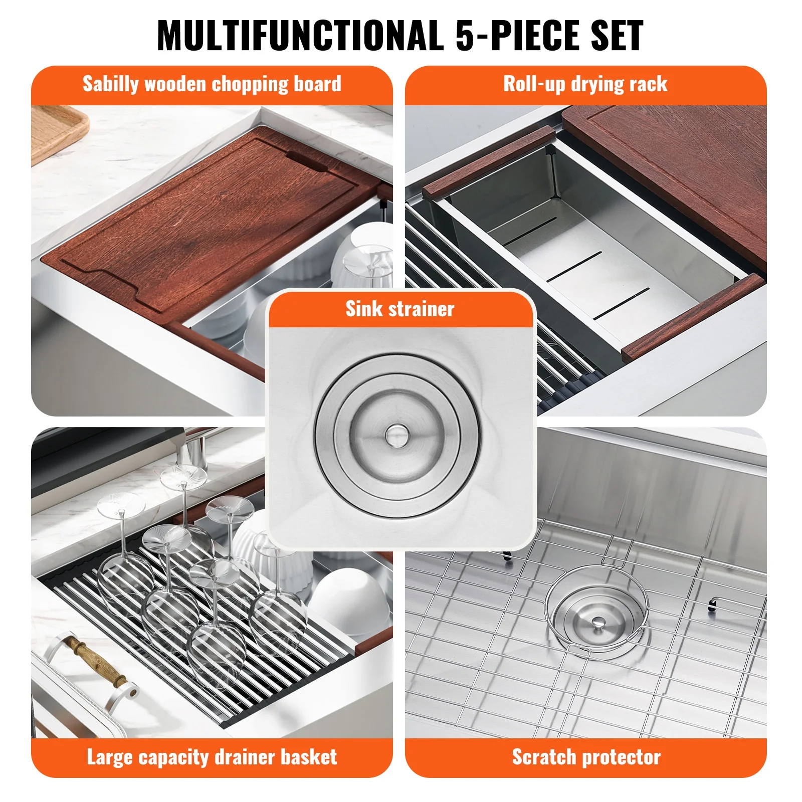 KFFKFF 36''x22'' Kitchen Sink, Farmhouse Kitchen Stainless Steel Sink,  Drop-In Single Bowl with Multi-functional Accessories, Ideal for Home Dishwasher, Preparation Area