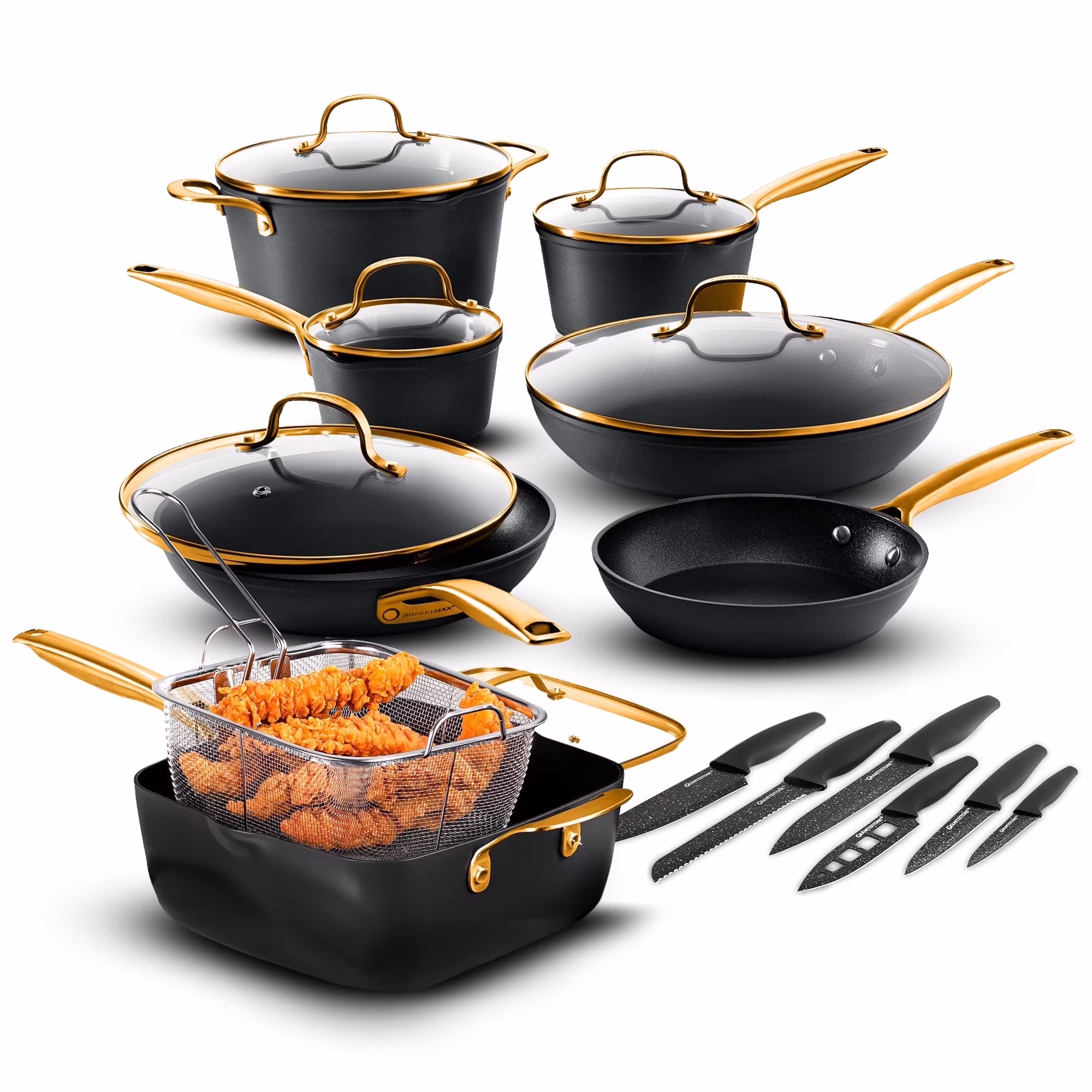 Granitestone Armor Max 20 Pc Hard Anodized Pots and Pans Set Non Stick, Induction Cookware Sets, Anodized Cookware Sets, Nonstick Cookware Set with Knife Set and Deep Fryer, Oven & Dishwasher Safe