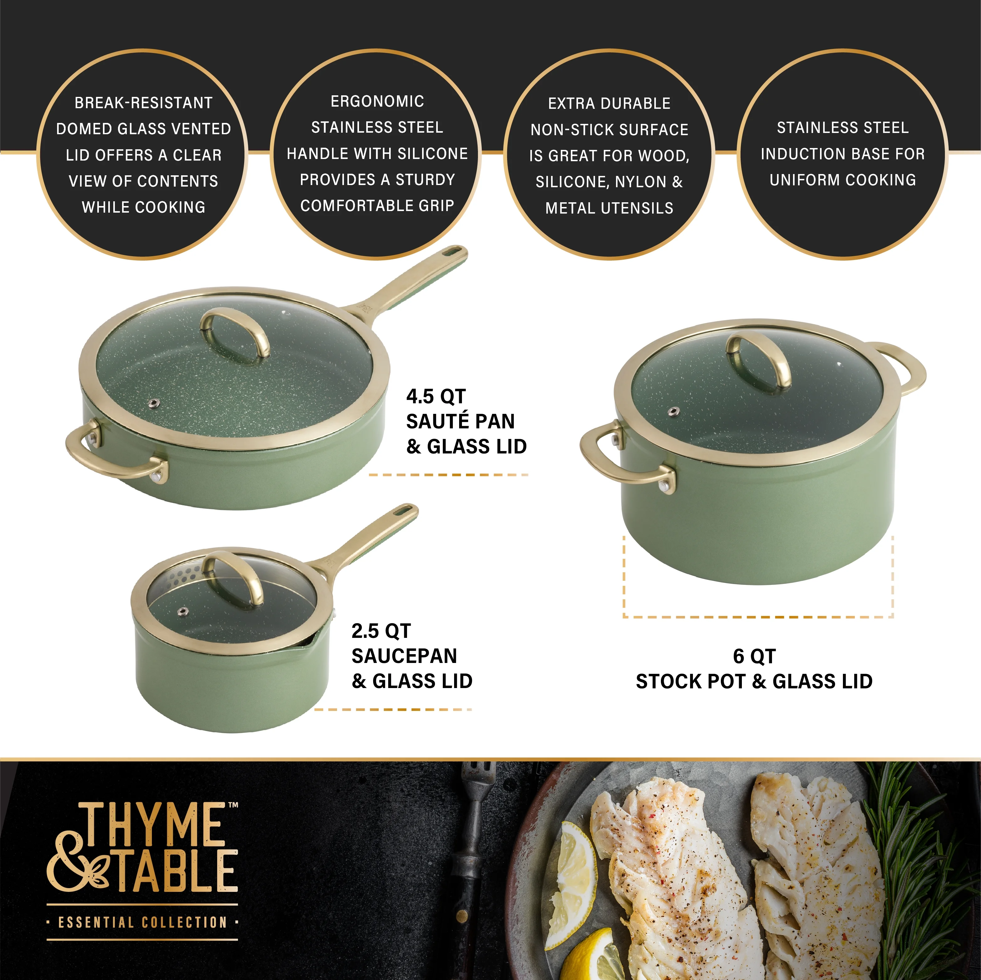 Thyme & Table 12-Piece Non-Stick Supreme Cookware Set, Pots and Pans Set - Cream