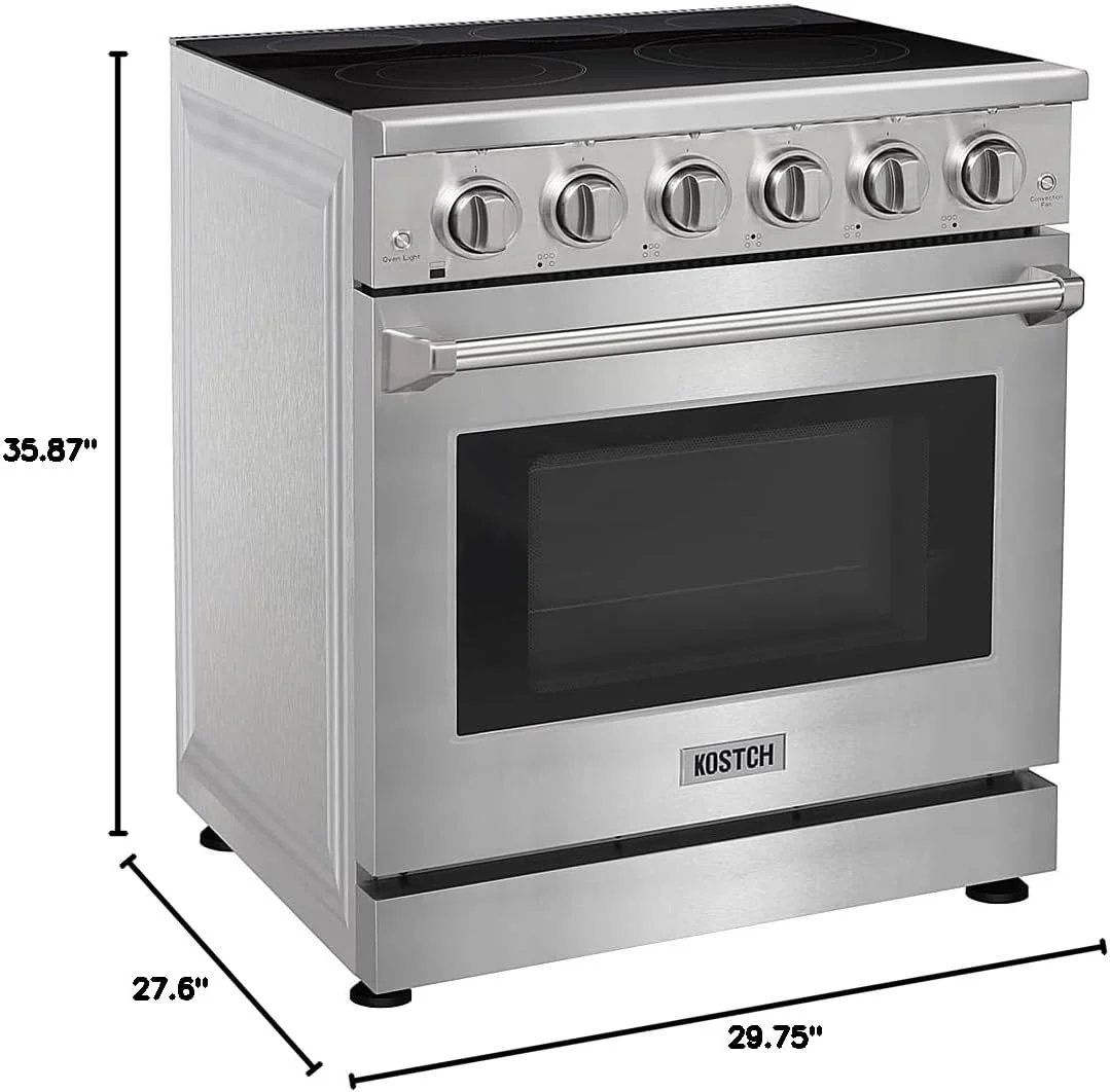 30 inch Professional Electric Range with 5 Heating Elements Cooktop, 4.55 Cu. Ft. Convection Oven Capacity, Smooth Glass Top, in Stainless Steel, KOS-30RE06H (Stainless Steel)
