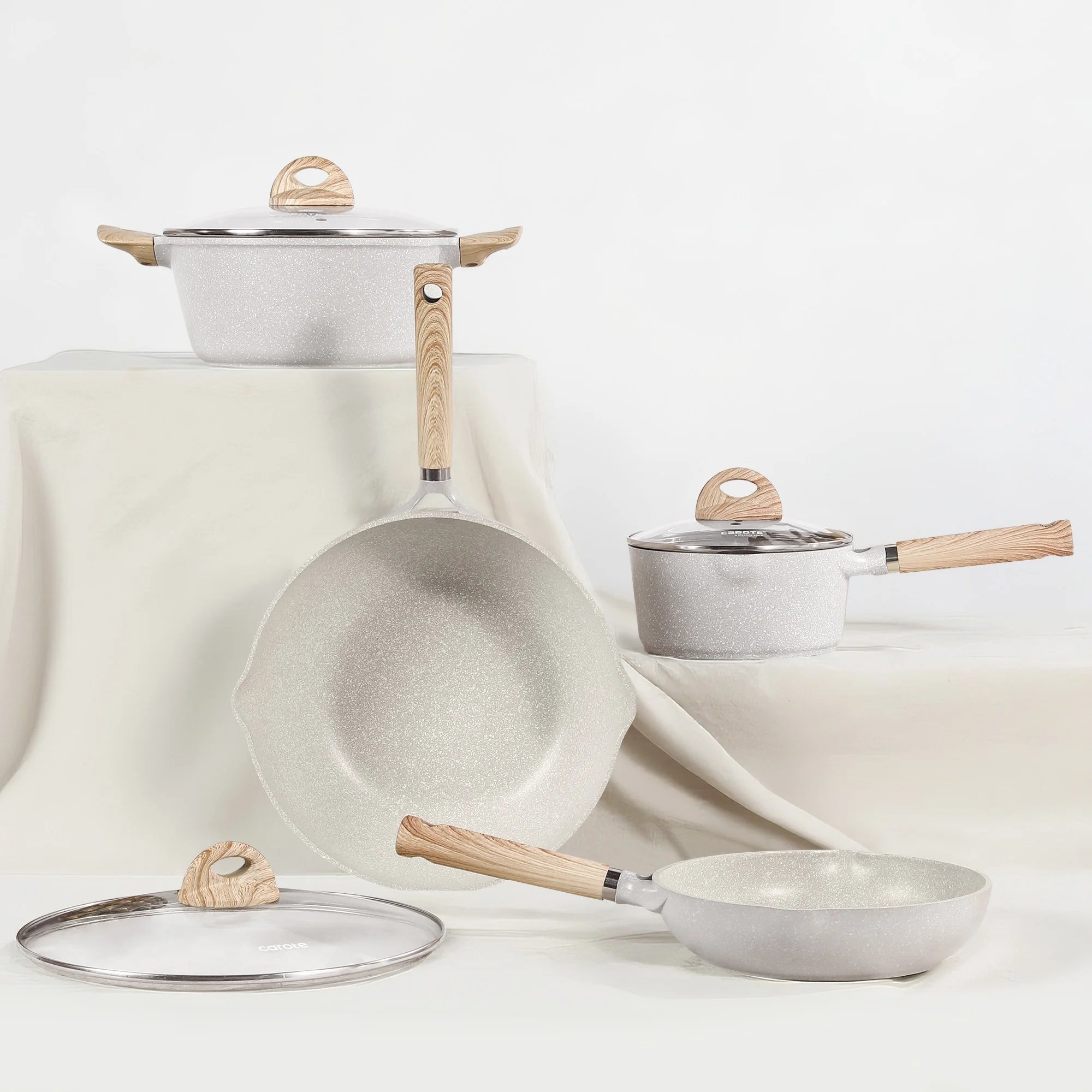 Carote Nonstick Cookware Set 21-Piece,Kitchen Pots and Pans Set,Stay-Cool Handles, Induction Compatible,Cookware Set for RV and Camping,Beige