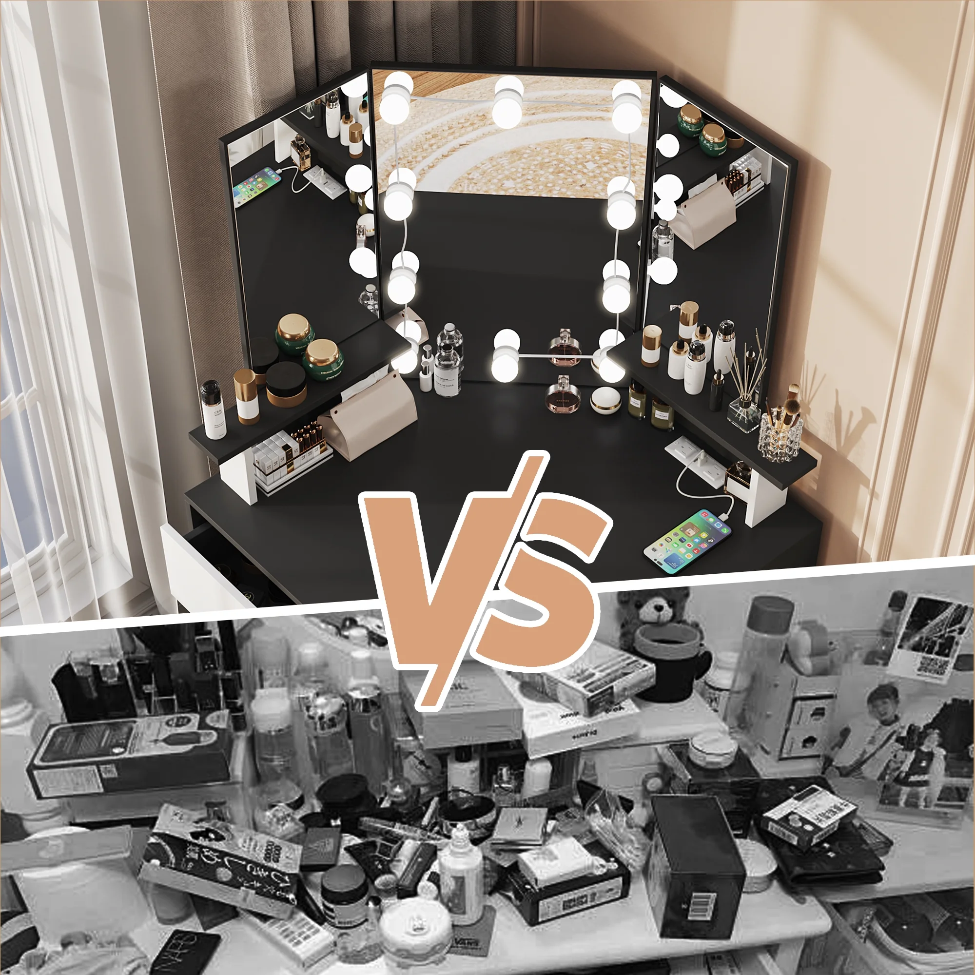 Veanerwood White Corner Vanity Desk with Mirror and Light,Makeup Table with 4 Drawers and Charging Station for Bedroom