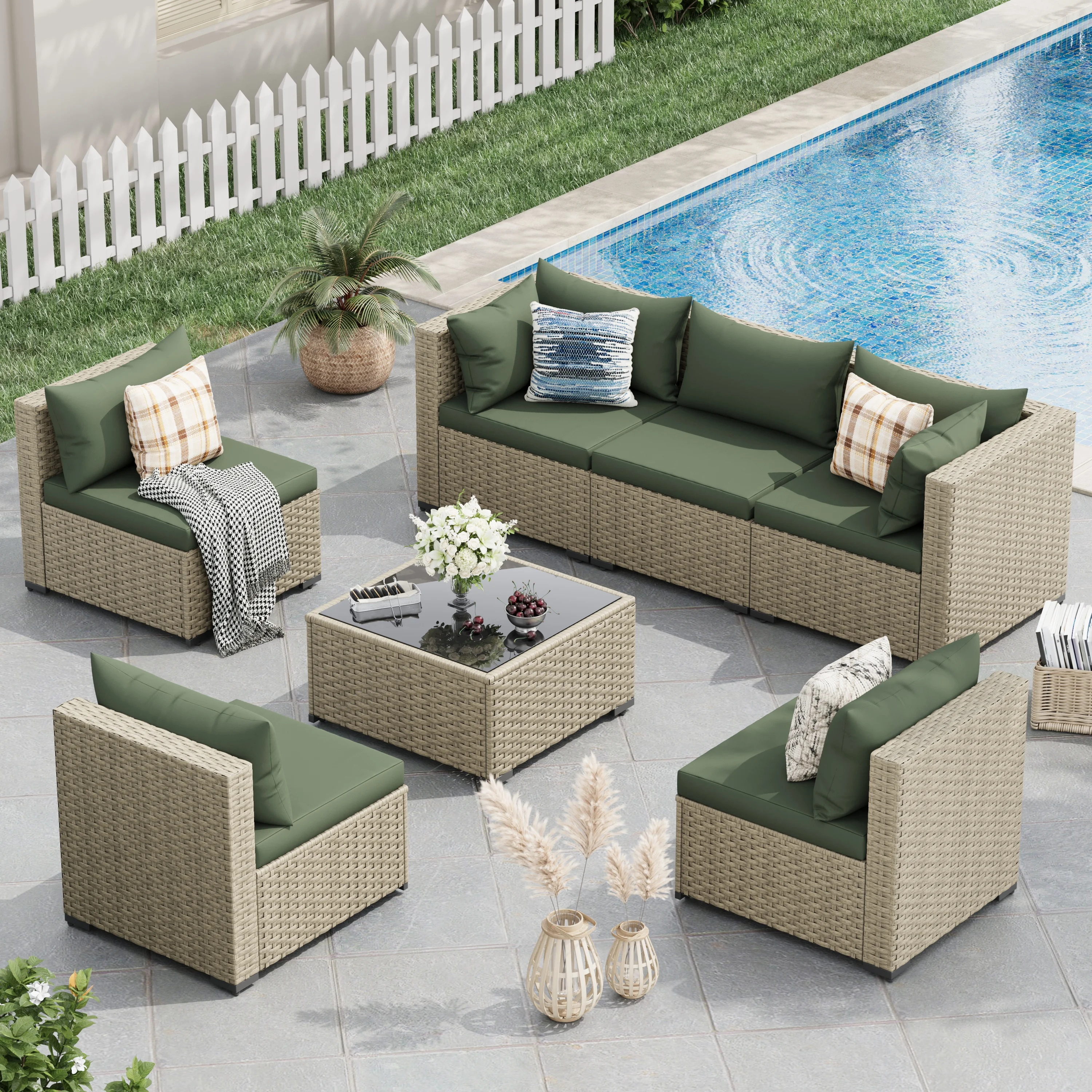POTEBAN 7 Pieces Outdoor Patio Furniture Set, Grey Rattan Wicker Outdoor Conversation Sectional Sofa Set with Cushions for Backyard, Green