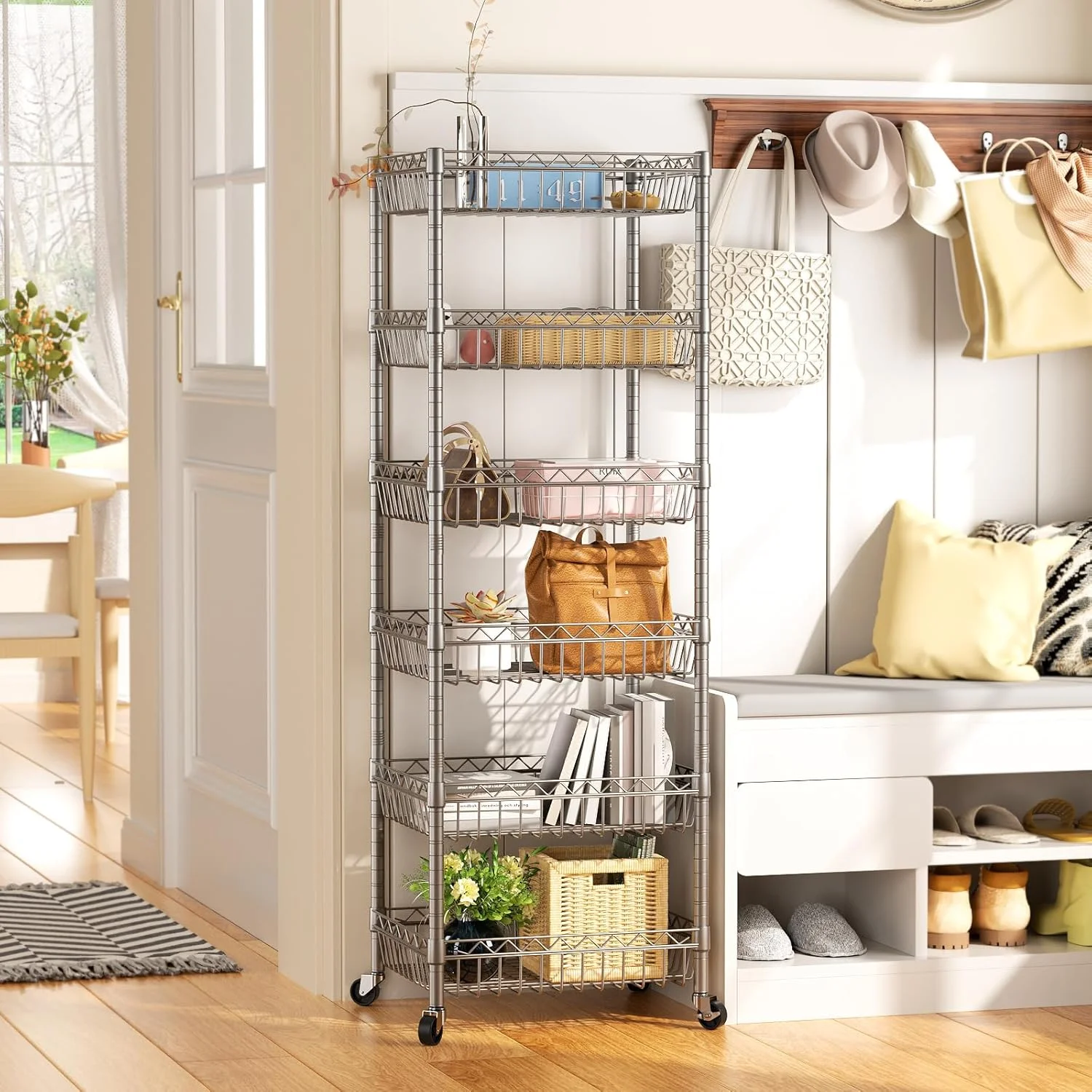 6 Tier Wire Shelving Unit with Wheels Baskets Storage Rack Corner Shelves Adjustable Shelf Closet Bathroom Organizers Metal Pantry Kitchen Garage Laundry Room 13.5