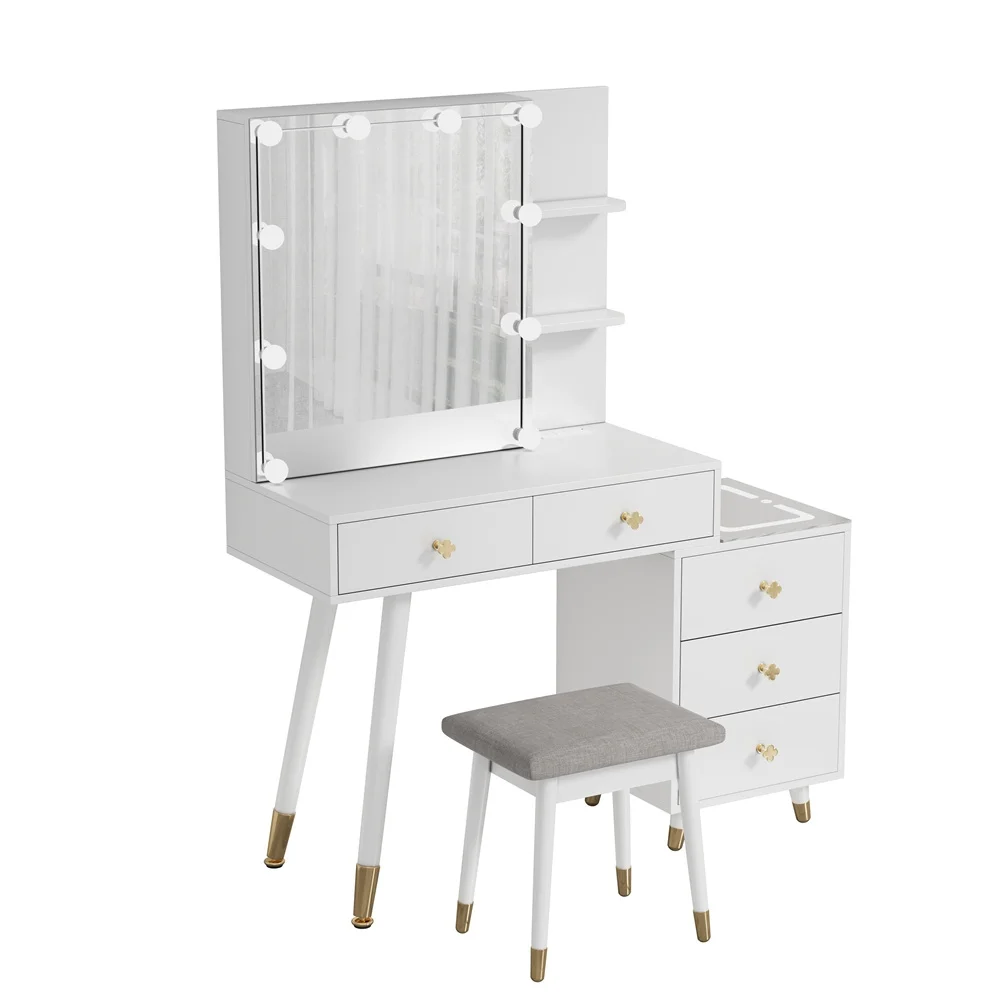Tcbosik Makeup Vanity with LED Mirror & Charging Station, Vanity Desk with Ample Storage Space, Dressing Table with Shelves and 5 Drawers for Bedroom, White
