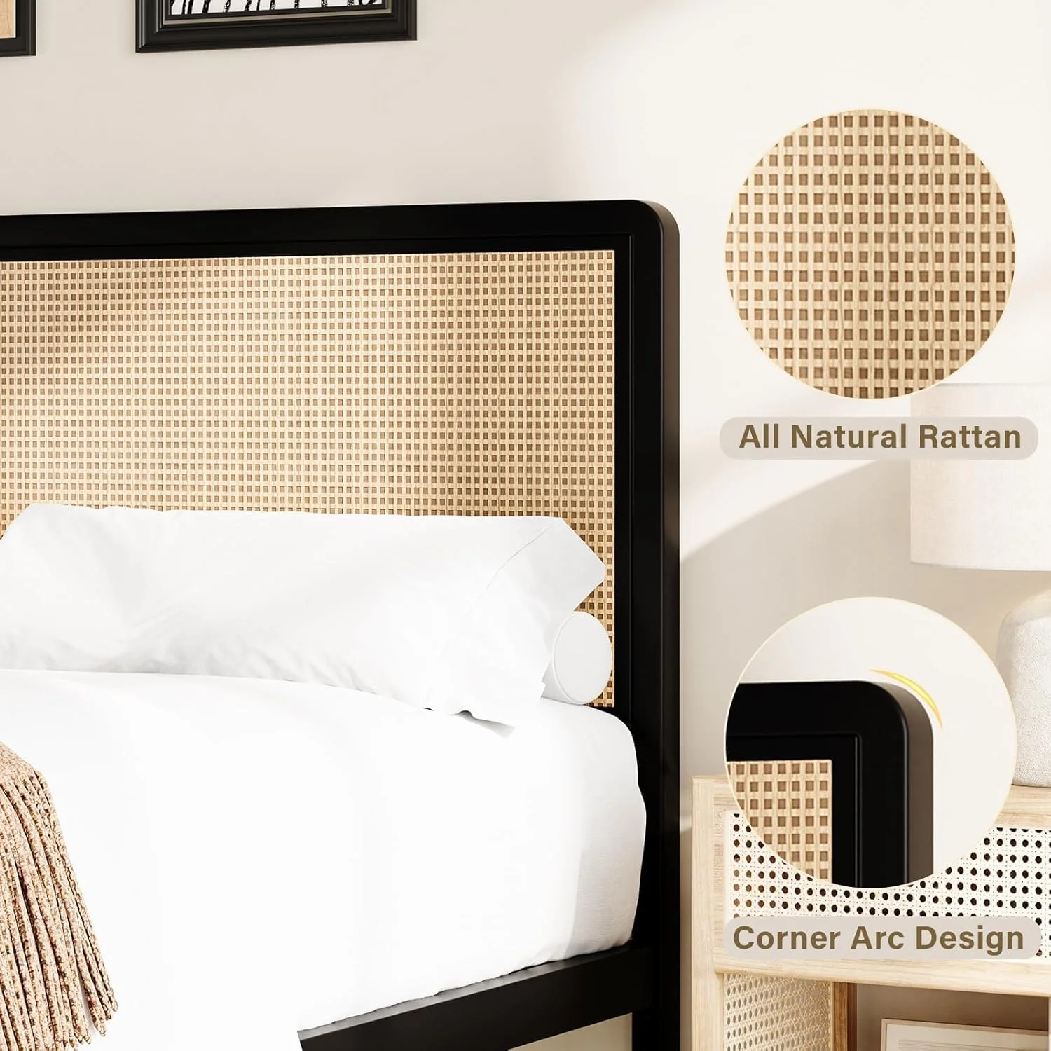 4 EVER WINNER Queen Size Bed Frame, Rattan Bed Frame with Natural Rattan Headboard and Footboard, No Box Spring Needed, Black