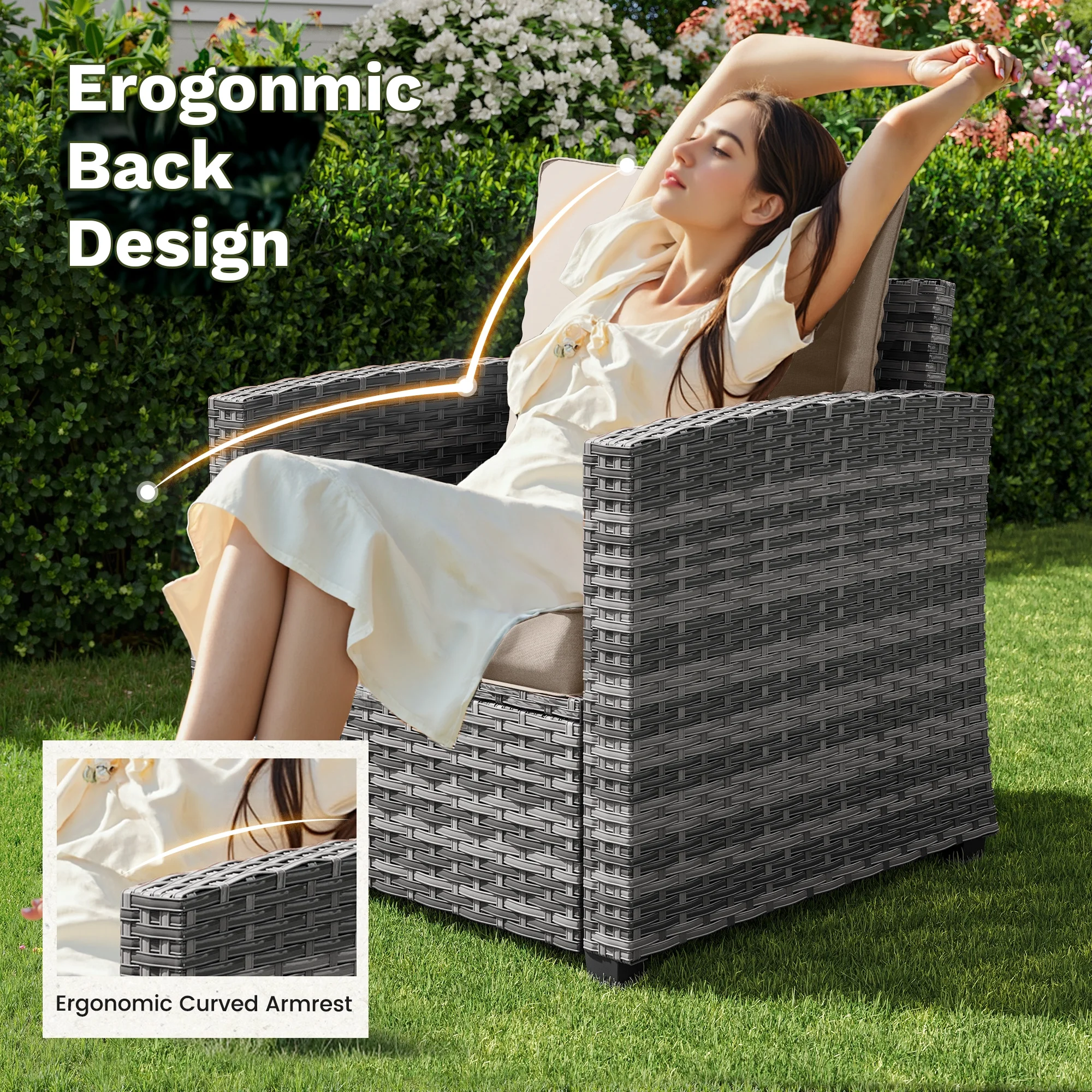 POTEBAN Patio Furniture Set, 7 Pieces Outdoor Sectional Sofa Couch with Chairs, Ottomans and Comfy Cushions, All Weather Wicker Rattan Patio Conversation Set for Garden Backyard Dark Grey