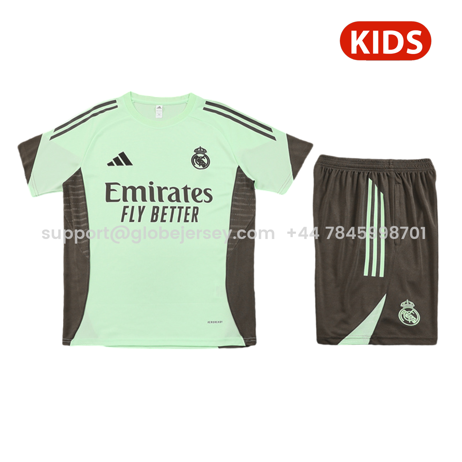 Real Madrid 25-26 Kids Short-Sleeve Training Set - Light Green Top and Dark Khaki Shorts