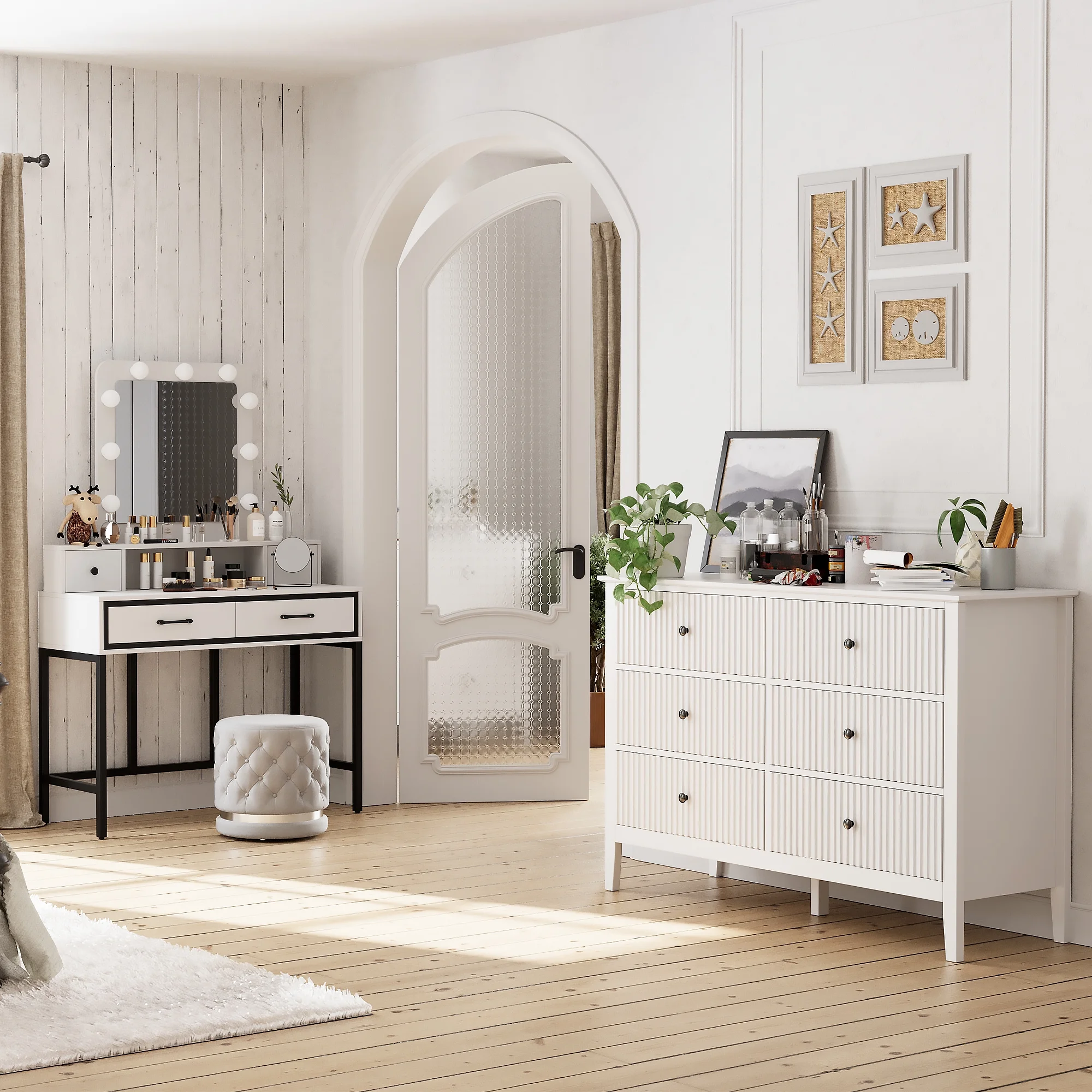 May Color Large White 3 Drawer Dresser Set of 2 with Fluted Panel, Modern Chest of Drawers with Silent Slide Drawers, Wood Accent Nightstand with Storage for Bedroom Living Room, Hallway