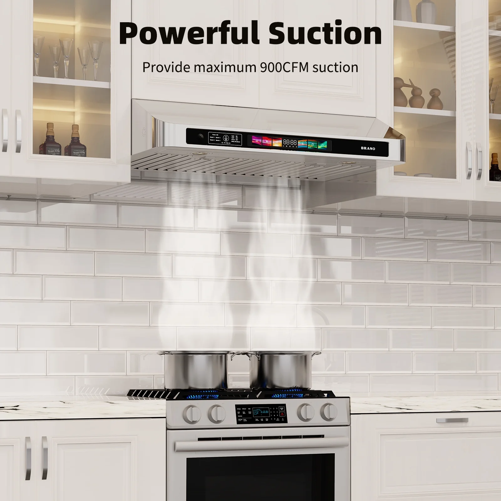 Brano 30 Inch 900 CFM Ducted Under Cabinet Range Hood in Stainless Steel with Voice, Gesture, and Touch Control