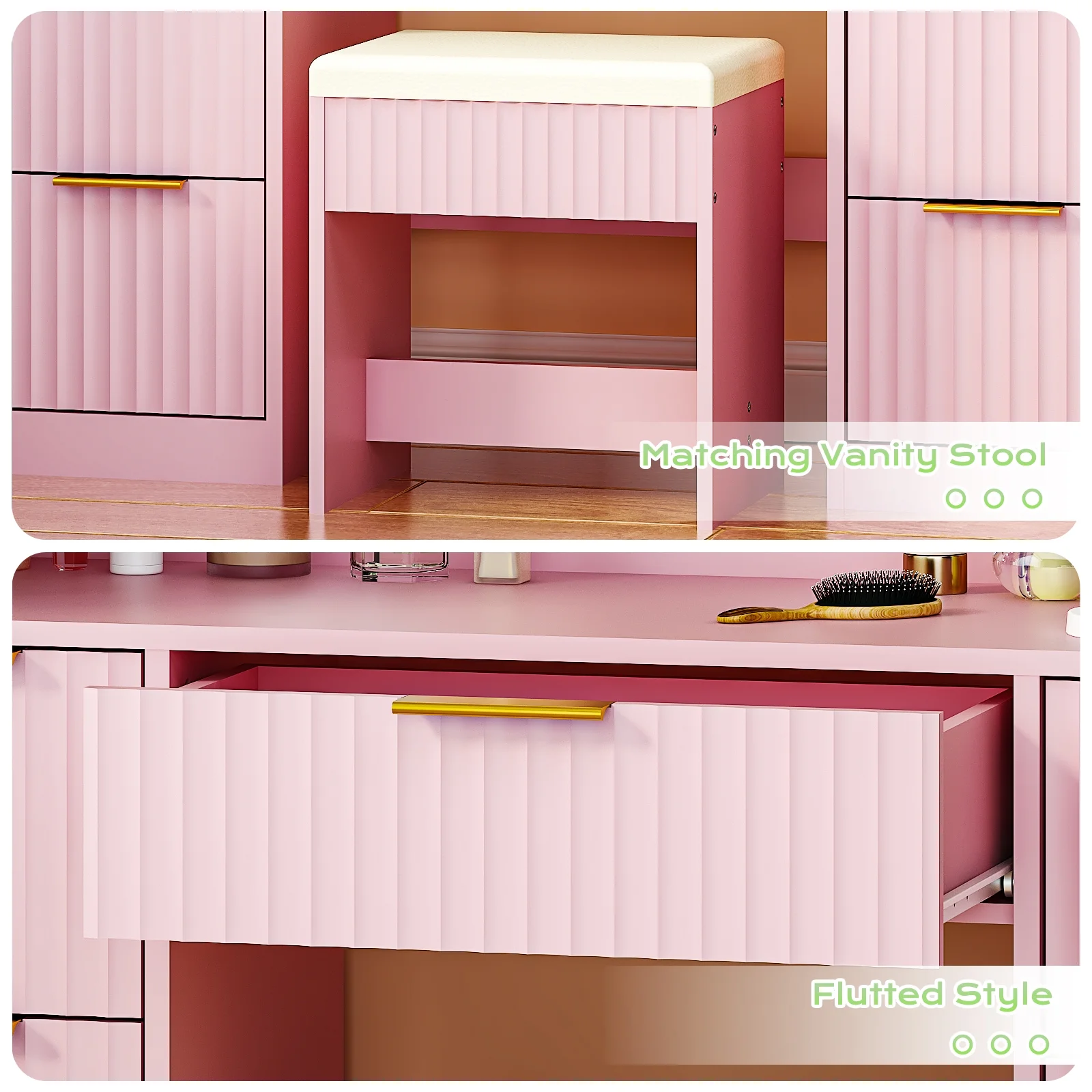 Ktaxon Flutted Makeup Vanity Table Set with 5 Drawer, Dressing Table w/Charging Station, Vanity Desk for Femal Gift, White