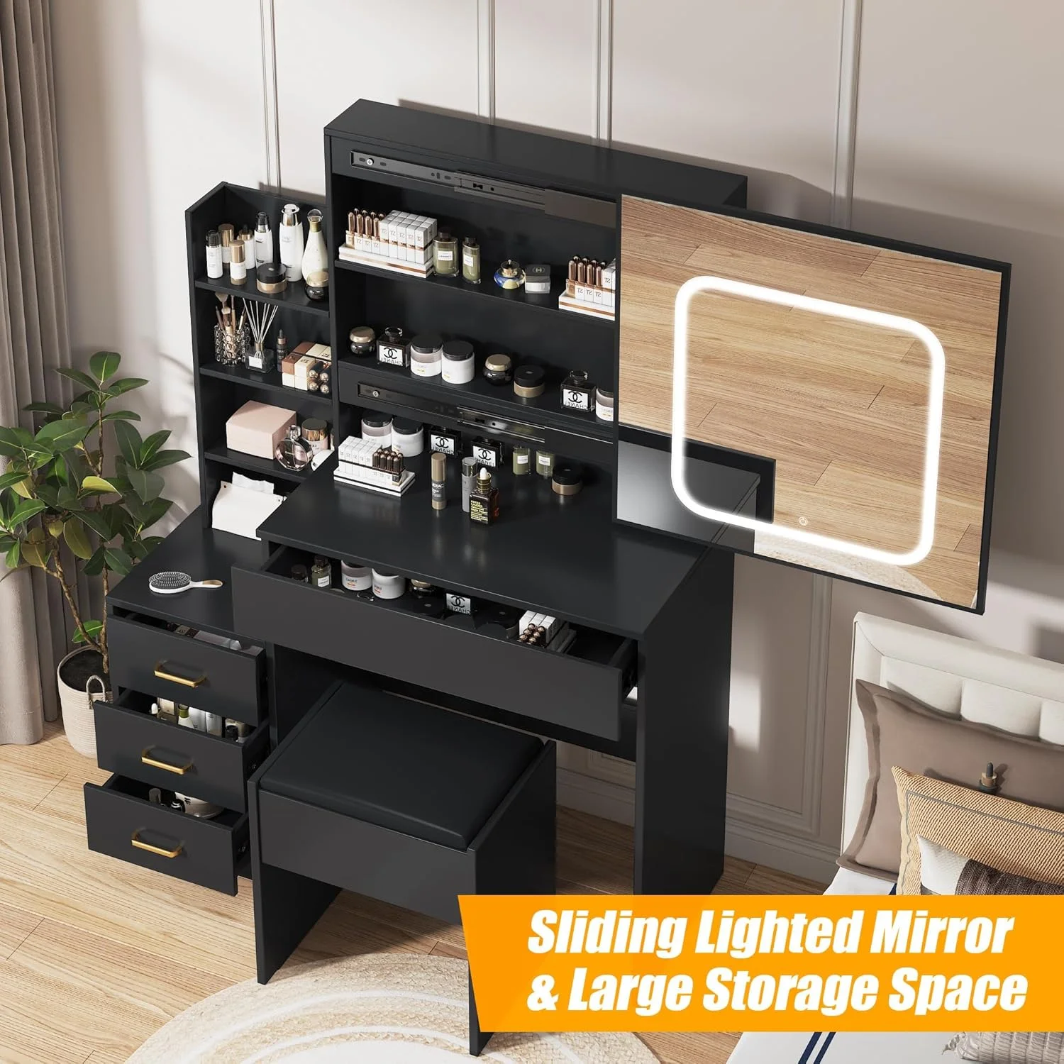 Vanity Desk with Sliding Mirror and Lights, Makeup Vanity Set with Power Outlet, 4 Drawers, Stool, Open Shelves, 3 Color Lighting Modes, Brightness Adjustable, Makeup Dressing Table for Bedroom