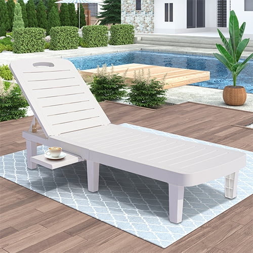 Patio Lounge Chair Set of 2. Adjustable Chaise with Side Table. Outdoor Lounger Recliner for Poolside. Patio. Backyard. Wood Texture Design | Waterproof | Easy to Assemble | Max Weight 330 lb White