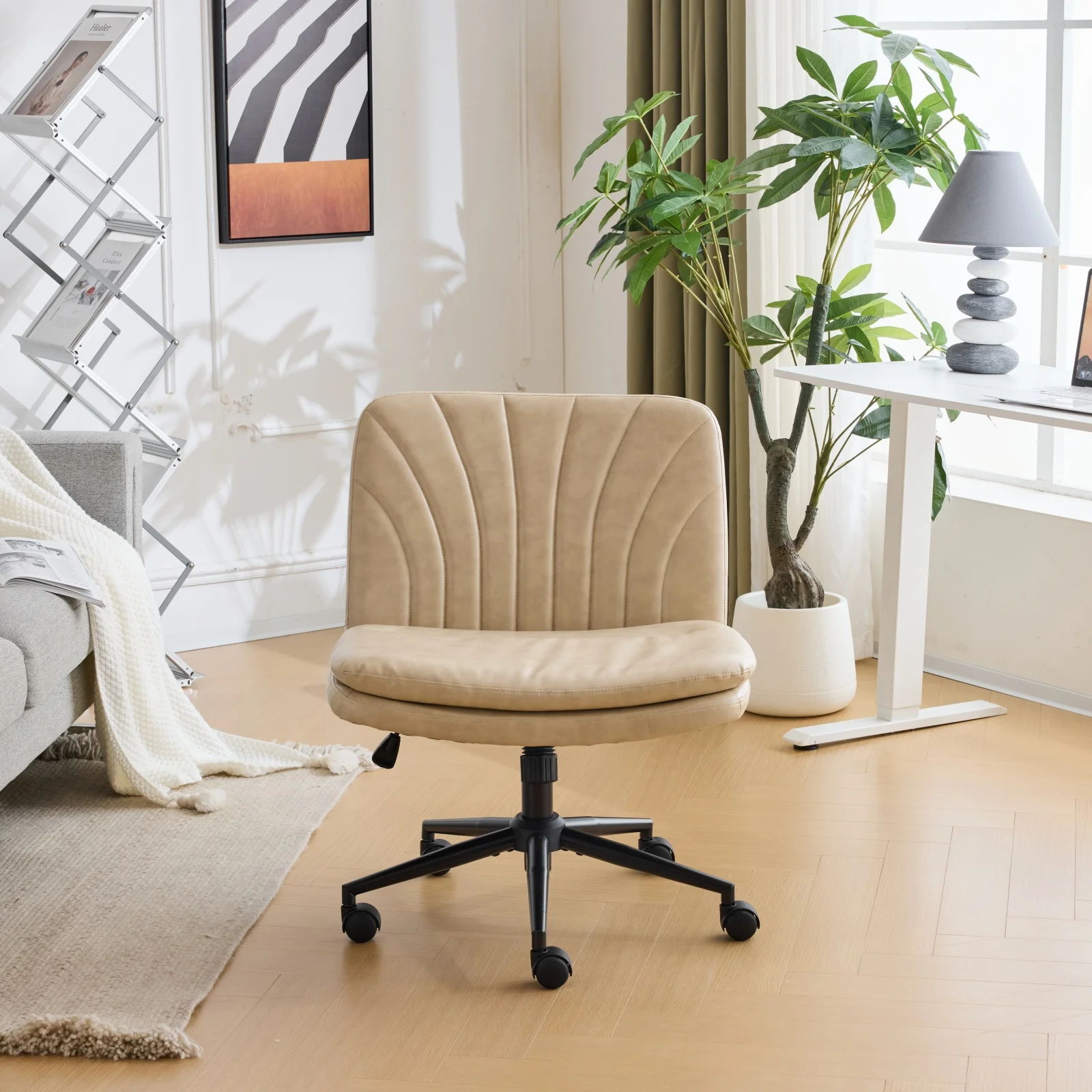 Ktaxon Armless Office Chair Swivel Study Chair Adjustable Desk Chair with Criss Cross Legs and Wheels for Conference and Home Faux Leather Gray