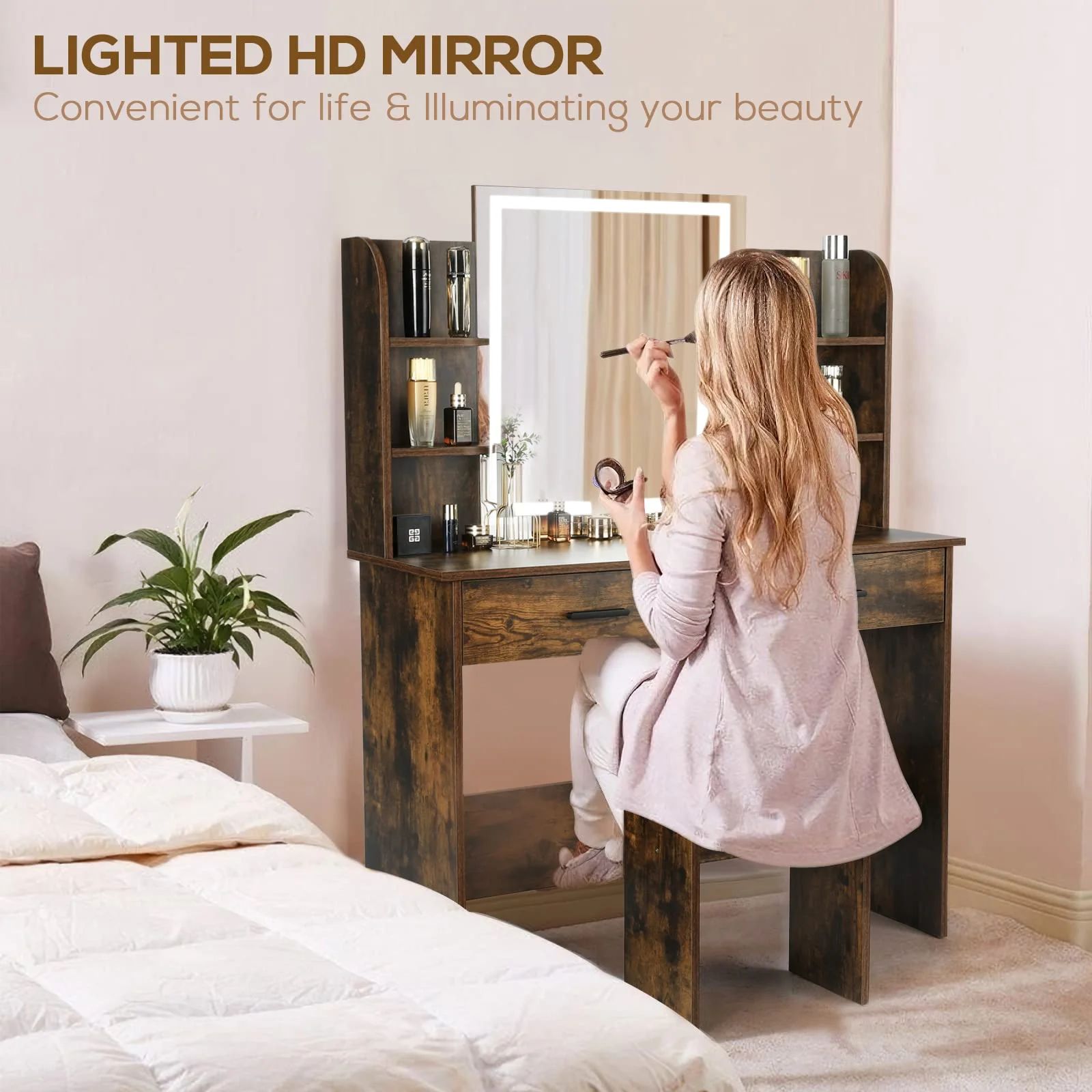RichYa Modern Makeup Vanity Set with Lights Mirror and Drawers,White Makeup Desk,Dressing Table