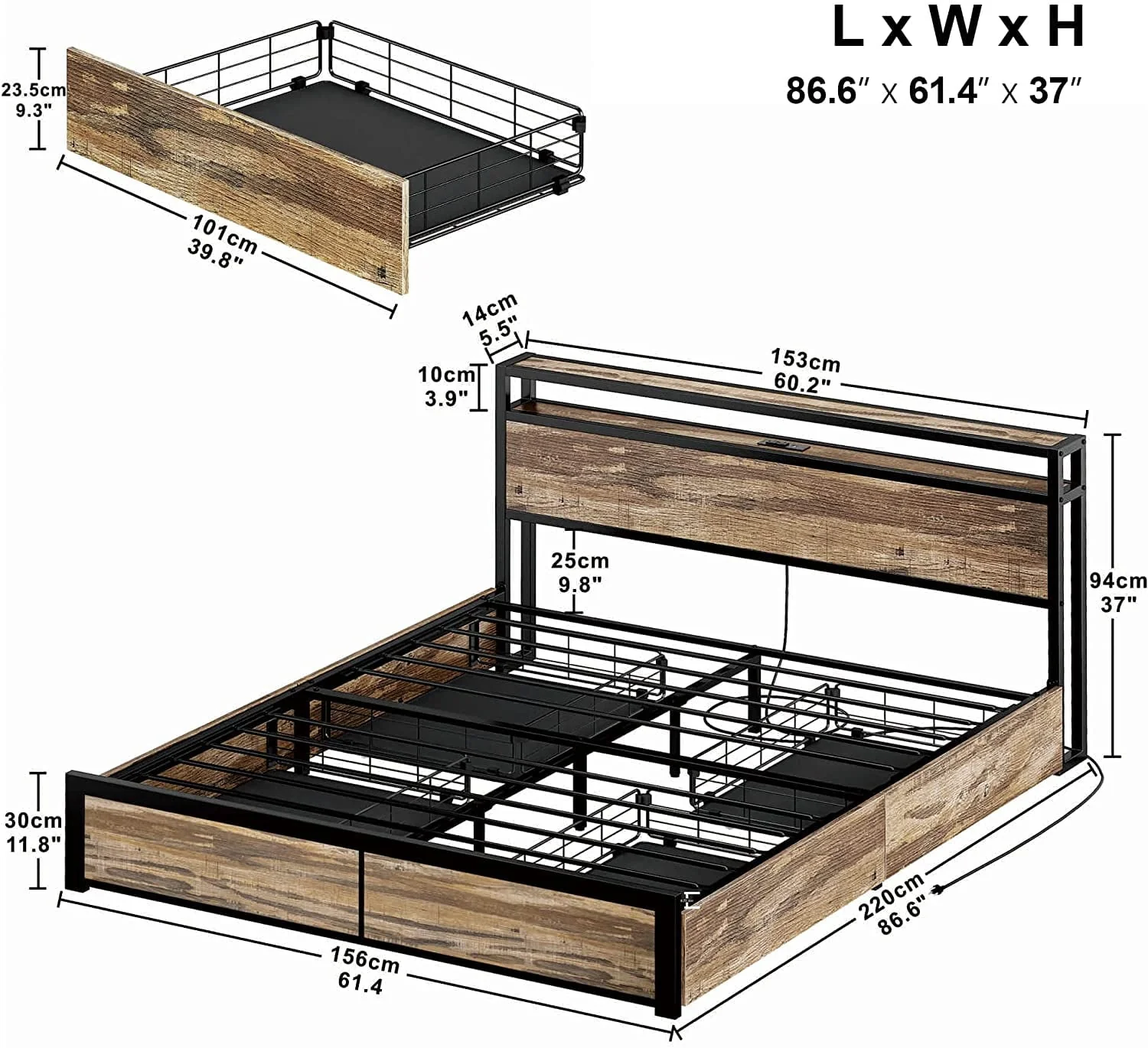LIKIMIO Queen Bed Frame with Storage Drawer, 2-Tier Storage Headboard with Charging Station, No Box Spring Needed, Easy Assembly, Rustic Brown