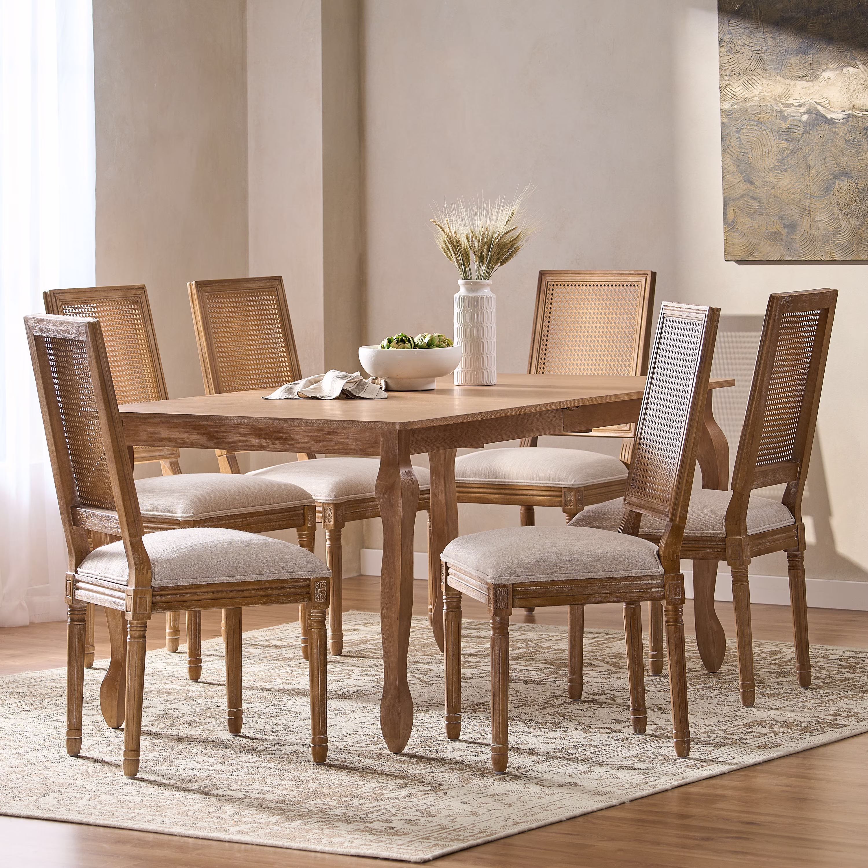 Noble House Fescue Fabric Upholstered Wood and Cane Expandable 7 Piece Dining Set, Gray and Black
