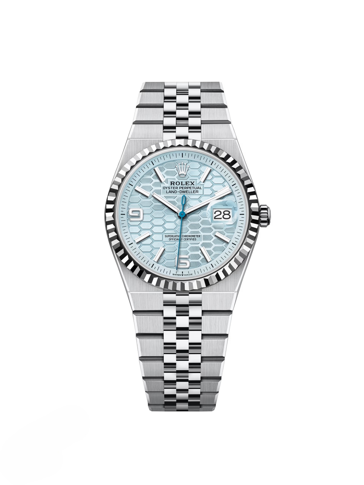 【Super Clone】RLX Land-Dweller 127236-0001 Blue Honeycomb Dial Platinum Jubilee Bracelet 36mm