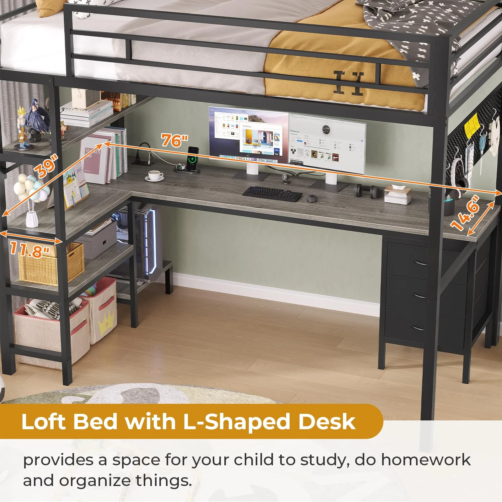 Afuhokles Loft Bed Twin Size with L-Shaped Desk and Charging Station, LED Light Twin Metal Loft Bed with Fabric Drawers and Shelves, Gray
