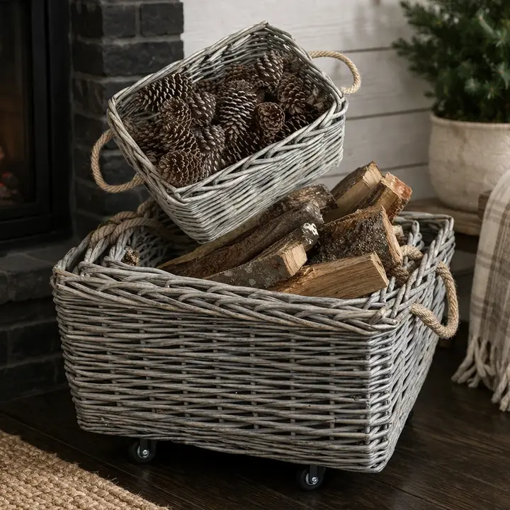 Set of 4 Rectangular Willow Baskets - Largest On Casters